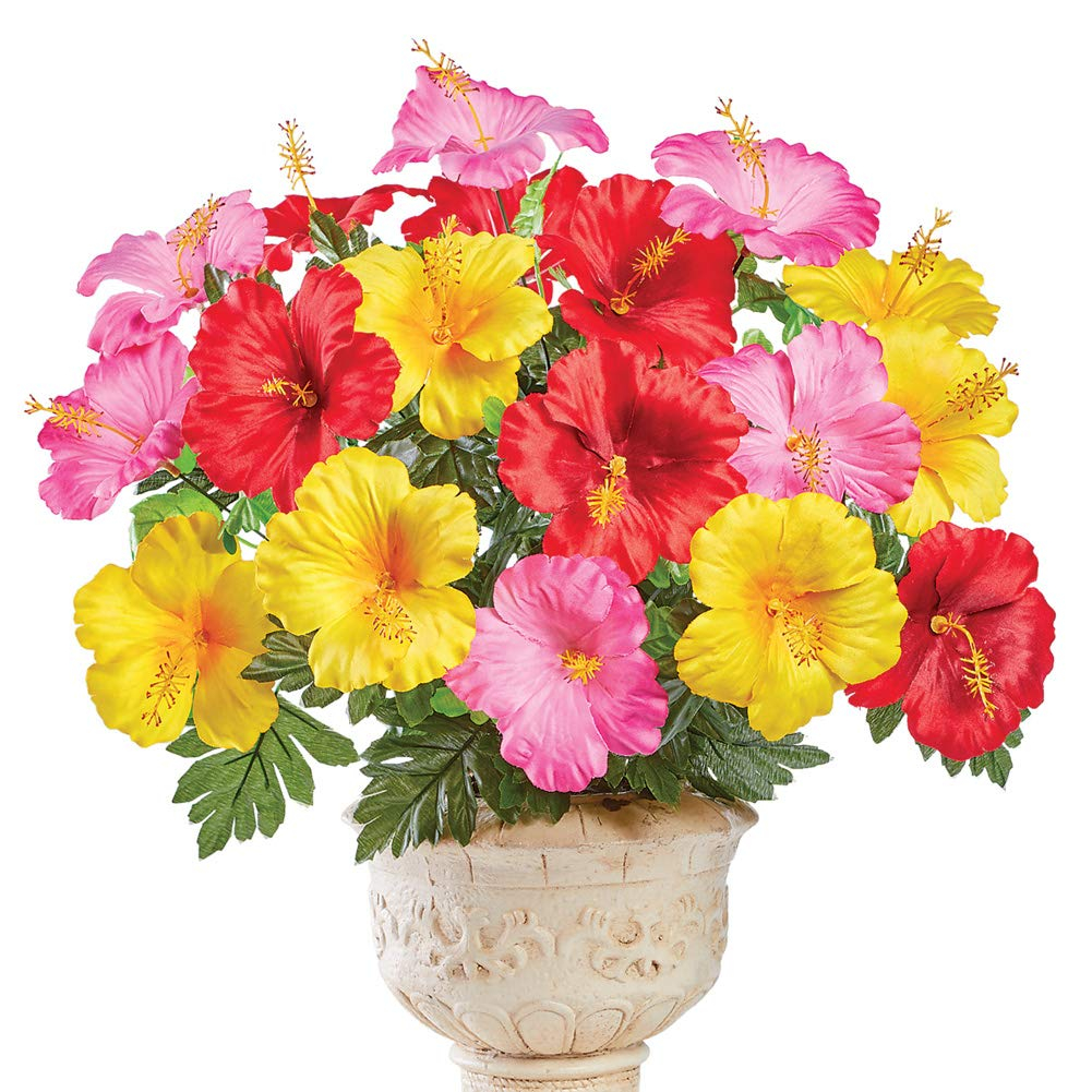 Collections Etc Bright Tropical Faux Hibiscus Bushes - Set of 3, Outdoor or Indoor Decorative Accent