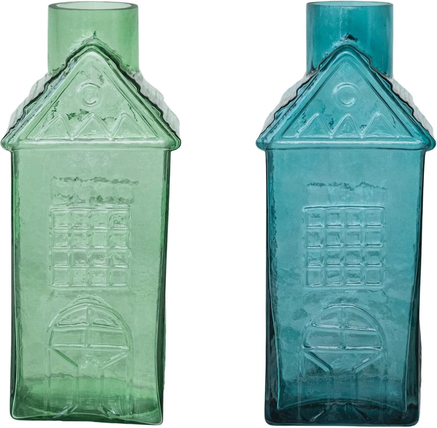 Creative Co-Op Charming Glass House-Shaped Vases, Green and Blue, Set of 2