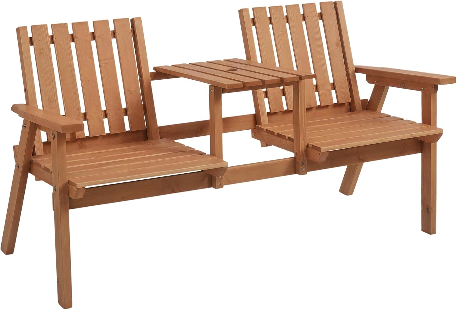 Outsunny Patio Bench, Wood Garden Bench with Center Table & Umbrella Hole, Wooden Outdoor 2 Chair Set, Slatted, Varnished, Orange