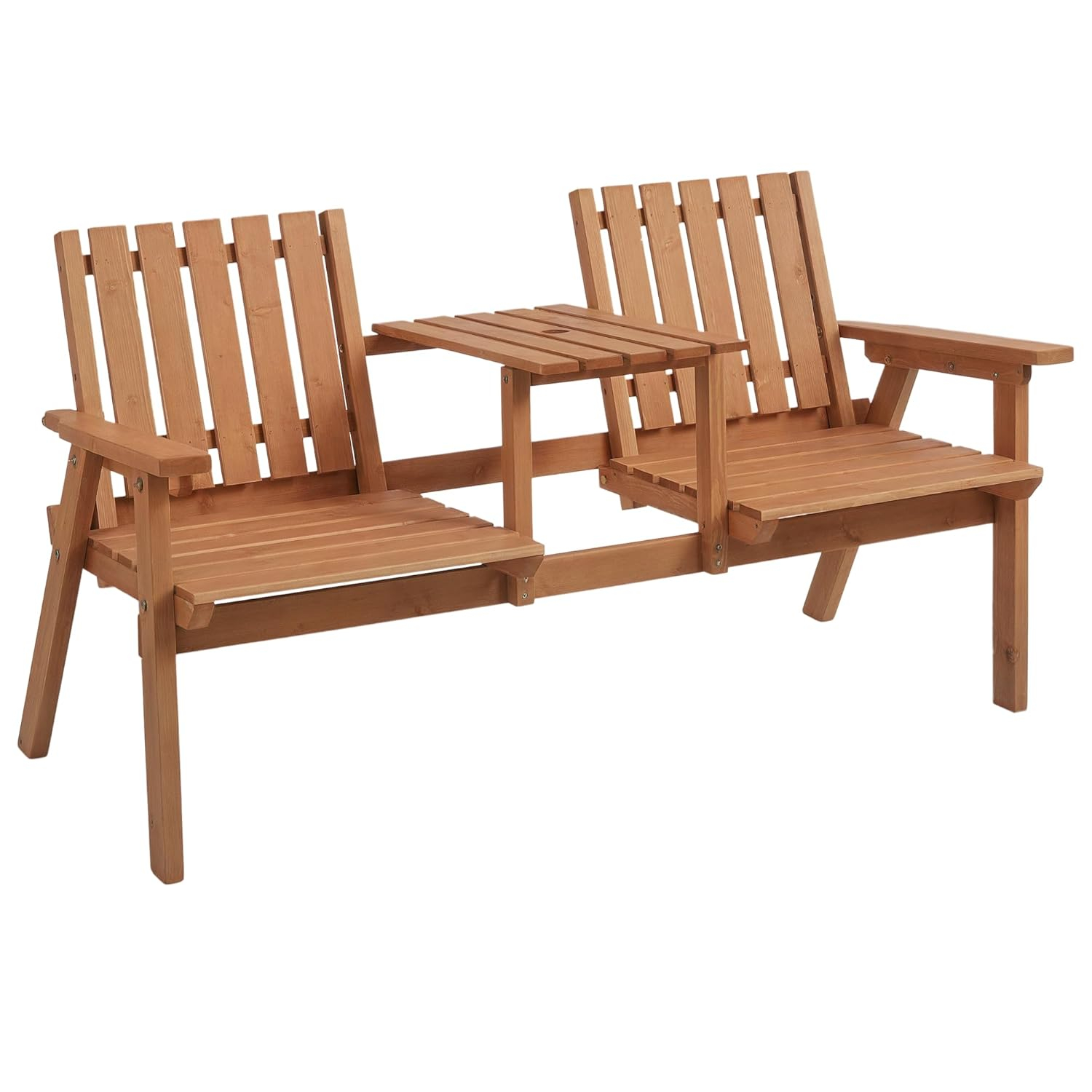 Outsunny Patio Bench, Wood Garden Bench with Center Table & Umbrella Hole, Wooden Outdoor 2 Chair Set, Slatted, Varnished, Orange