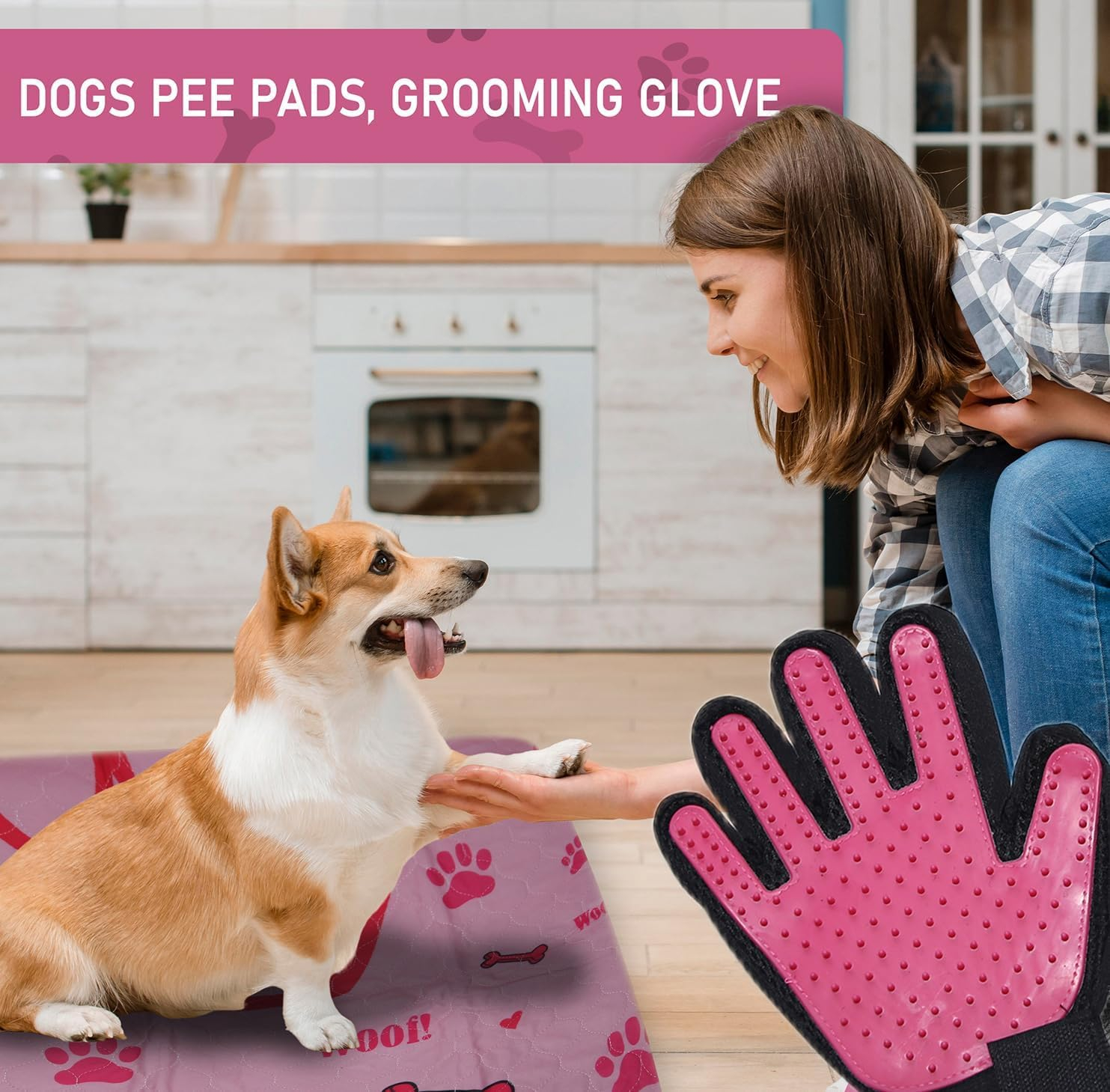 Pink Princess Washable Dog Pee Pads with Grooming Gloves