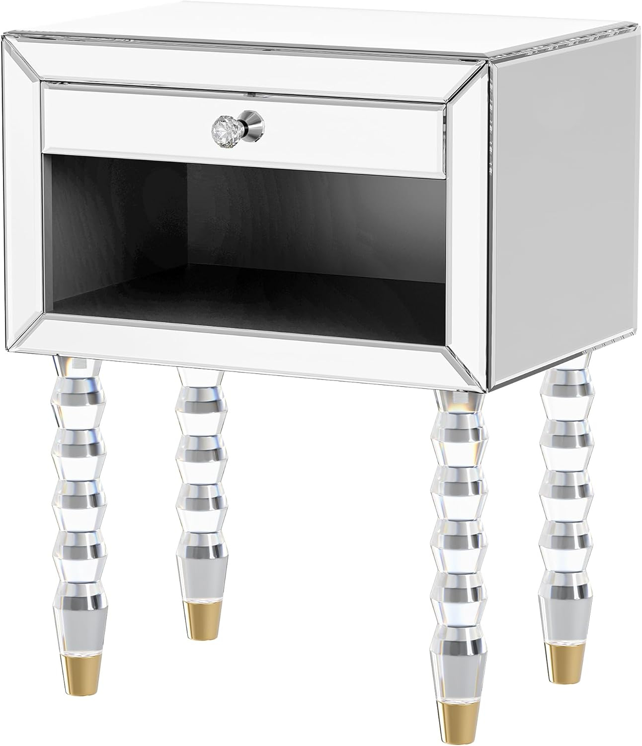 Mirrored Nightstand, Modern End Table with Drawer, Bedside Tables with Acrylic Legs for Bedroom, Living Room, Silver