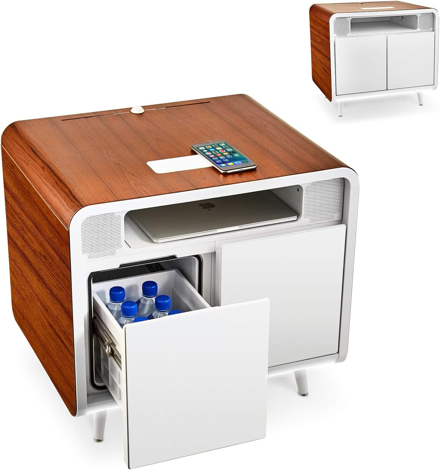 Smart Side/Nightstand Table - with Cooling Drawer, Wireless Charging, Bluetooth Speakers, USB-C and 120V outlets, LED Light, Wood/White