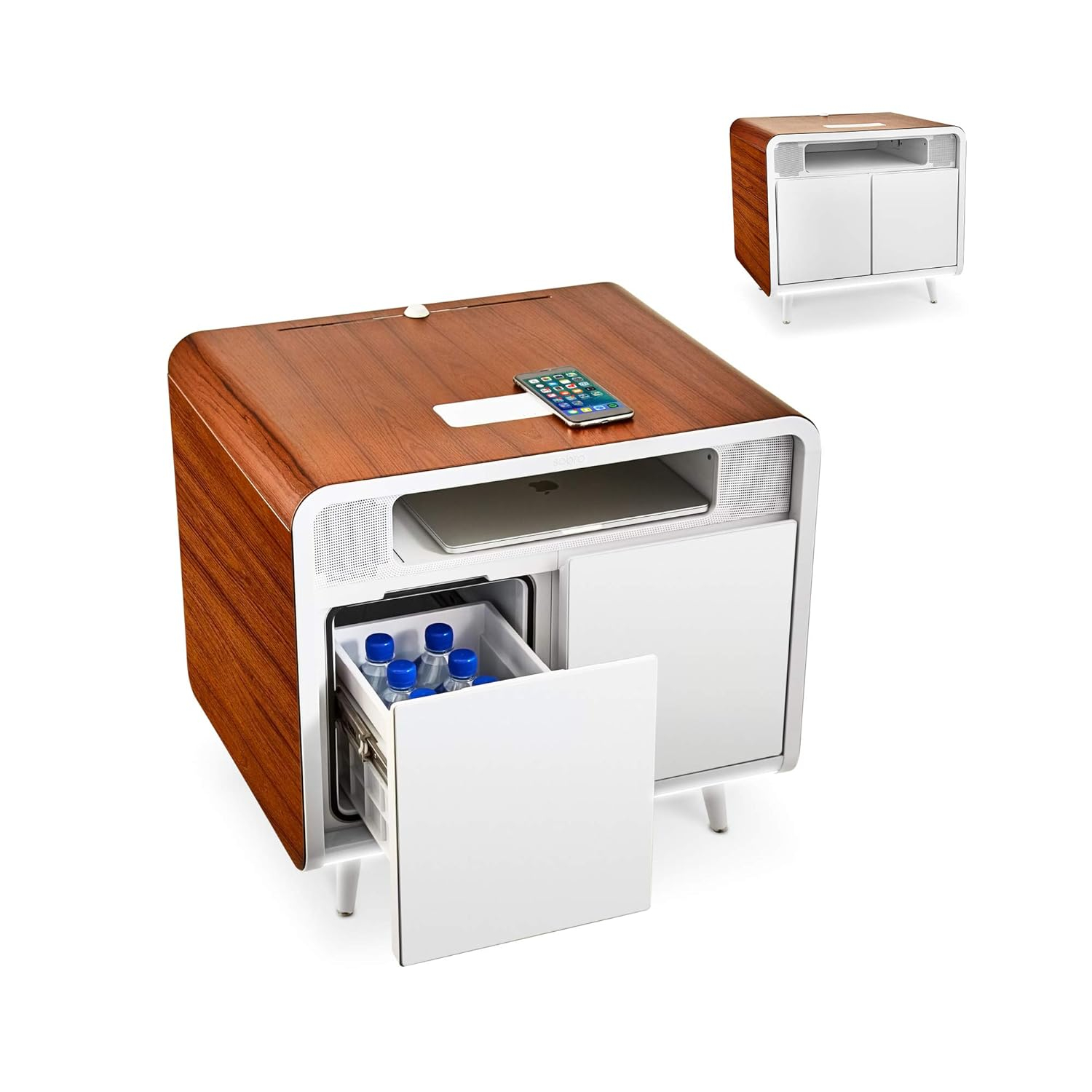 Smart Side/Nightstand Table - with Cooling Drawer, Wireless Charging, Bluetooth Speakers, USB-C and 120V outlets, LED Light, Wood/White