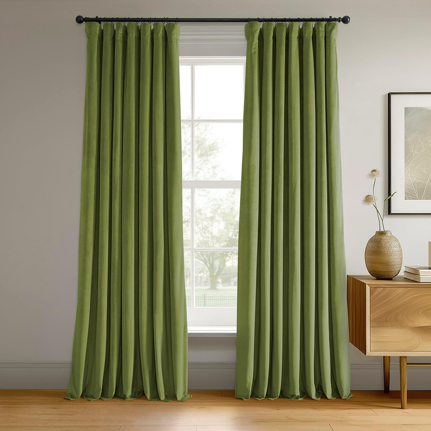 Half Price Drapes Signature Basque Green Velvet Blackout Curtains For Bedroom(1 Panel), 50WX 84L