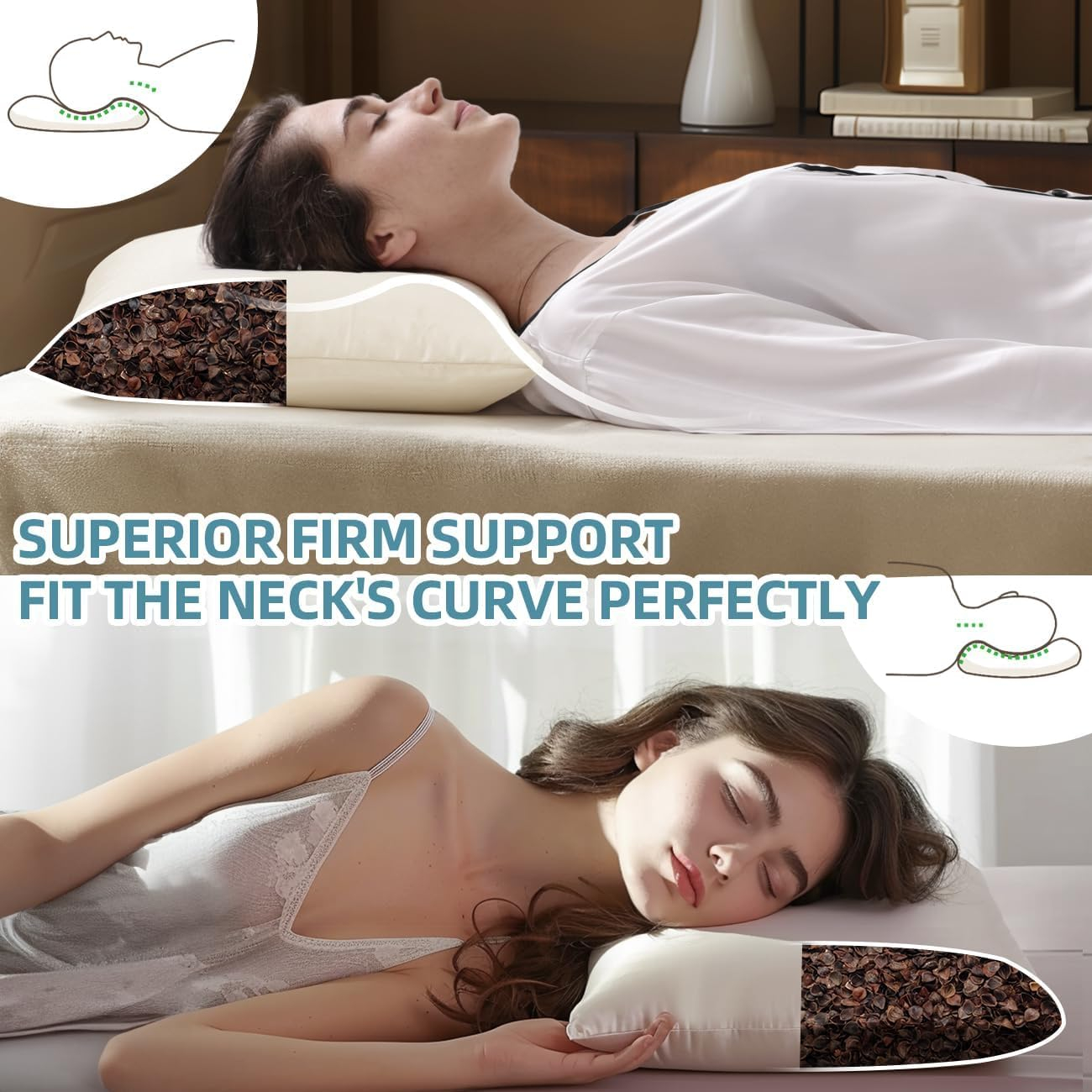 USlixury Buckwheat Pillow 15"X19" with Organic Pillowcase- Adjustable Height and Firmness, Organic and Machine Washable Cover, Firm Neck Support for Back/Side/Stomach Sleepers, Beige