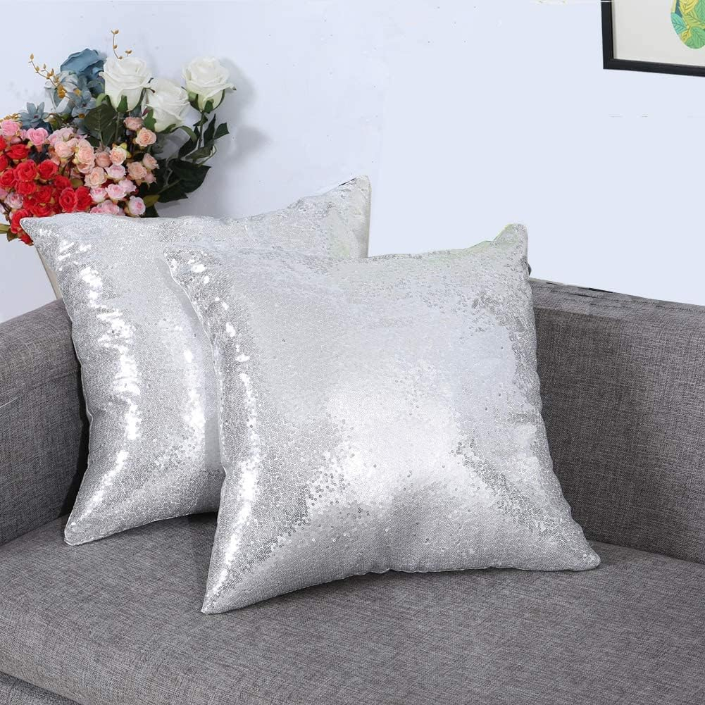 Eternal Beauty Set of 2 Silver Pillow Cover Sequin Decorative Pillow Covers for Couch Sofa Throw Pillows 18 X 18 Inches