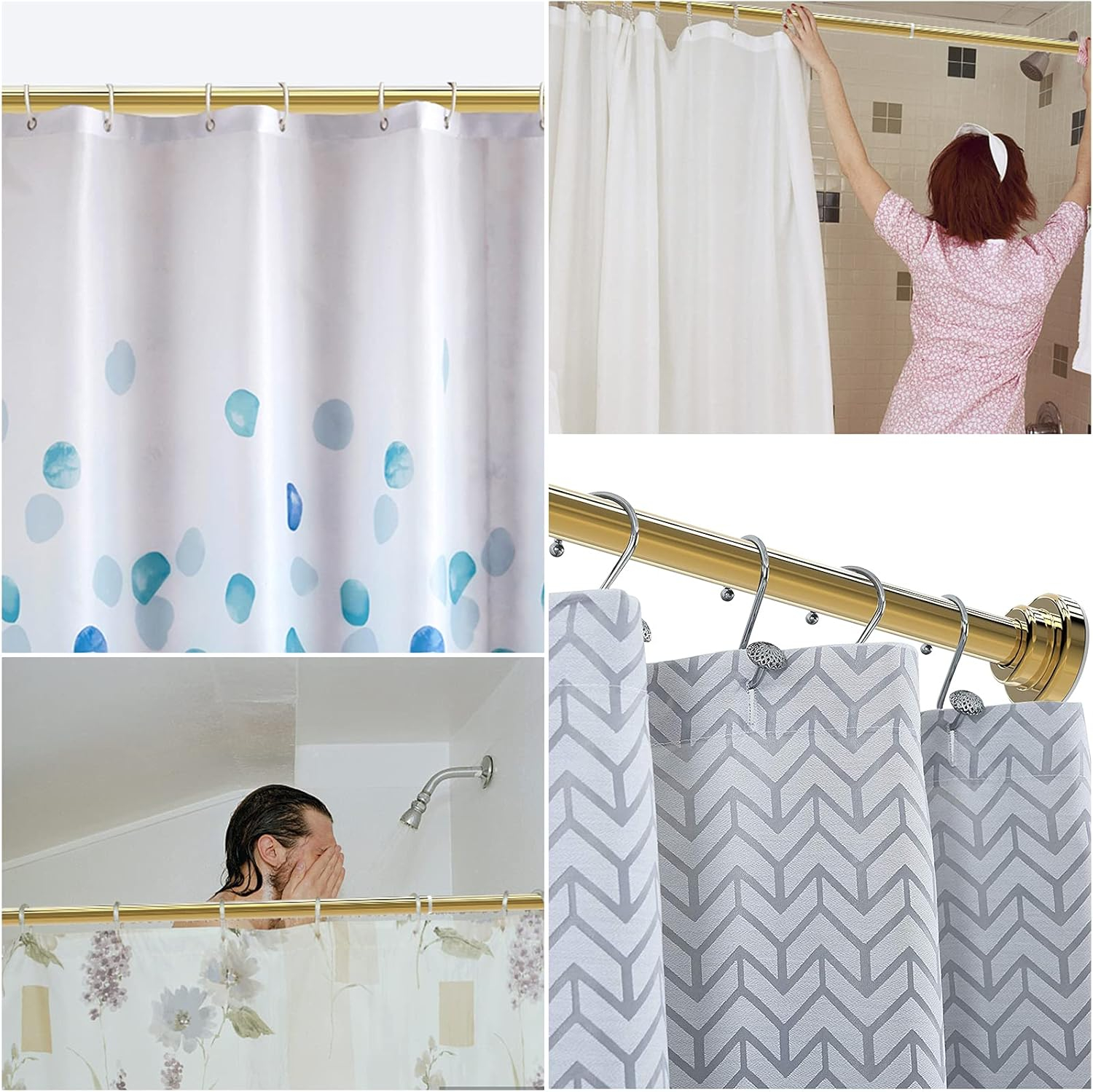 TEECK Shower Curtain Rod, 40-73 inch Adjustable Tension Spring, Shower Curtain Rod Tension, Premium Stainless Steel, Anti-Slip, No Drilling, No Rust, for Bathroom, Gold