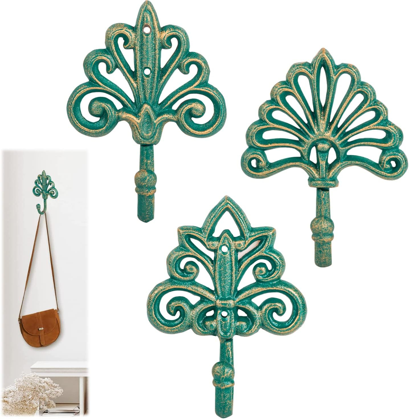 Antique Green Cast Iron Decorative Wall Hooks Set of 3