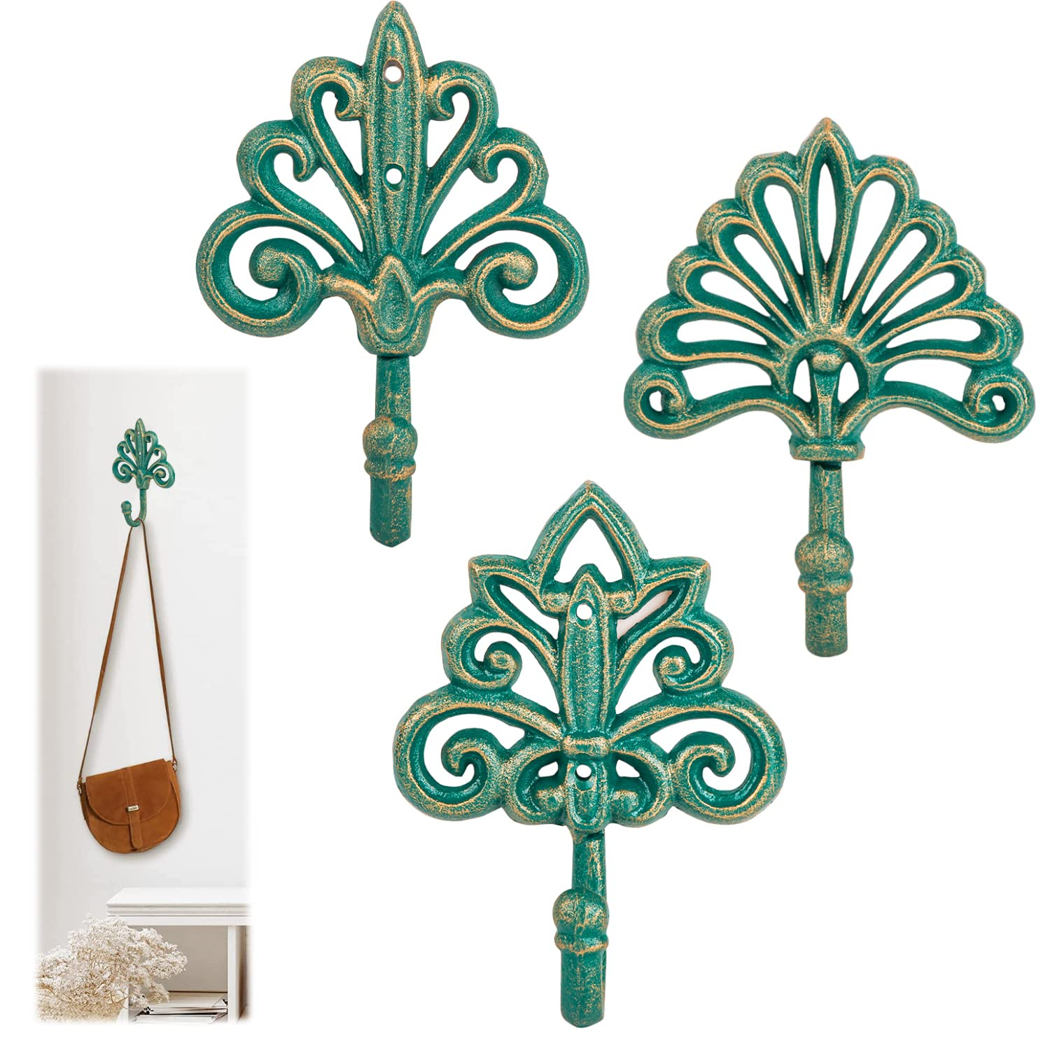 Antique Green Cast Iron Decorative Wall Hooks Set of 3