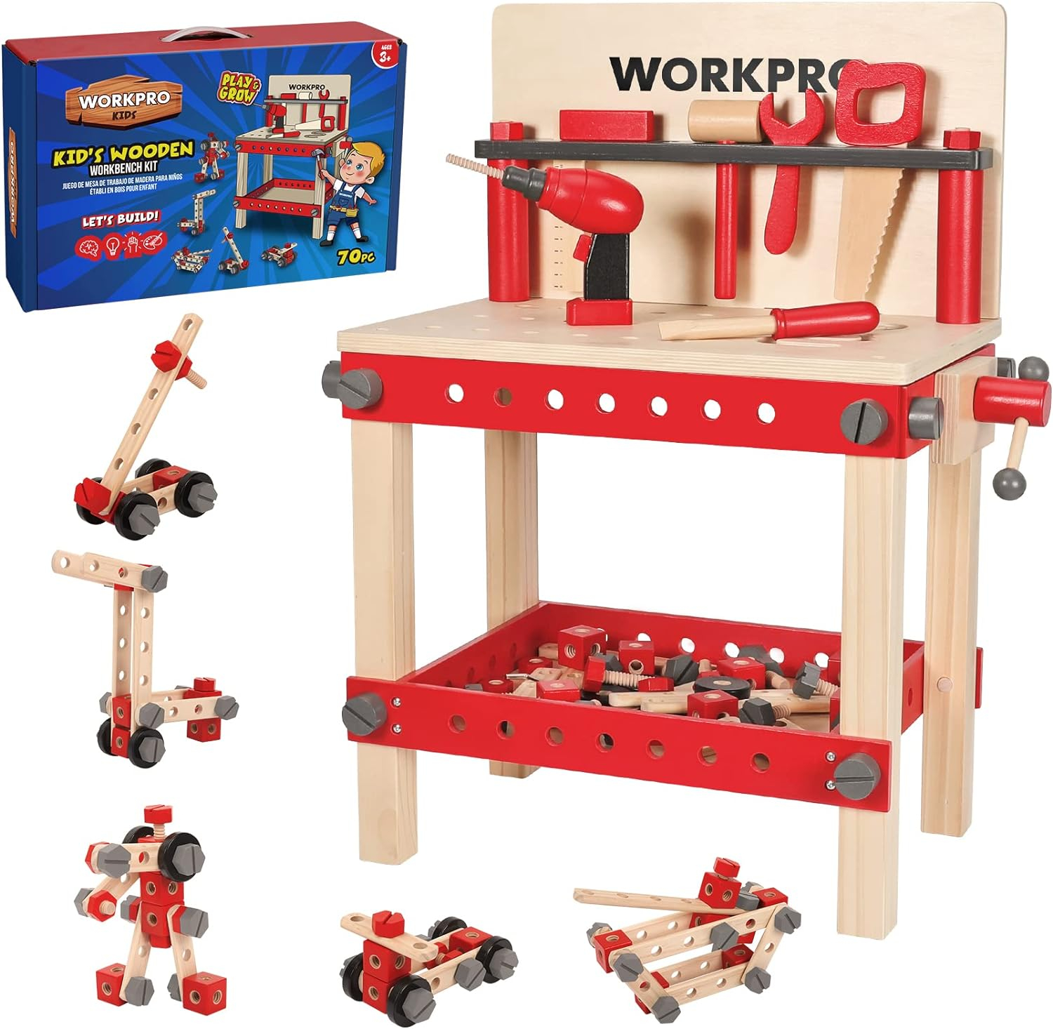 WORKPRO Wooden Workbench Kit Kids Tool Bench, Building Toy Set Creative&Educational Construction Toy, Great Gift for Toddlers 3+