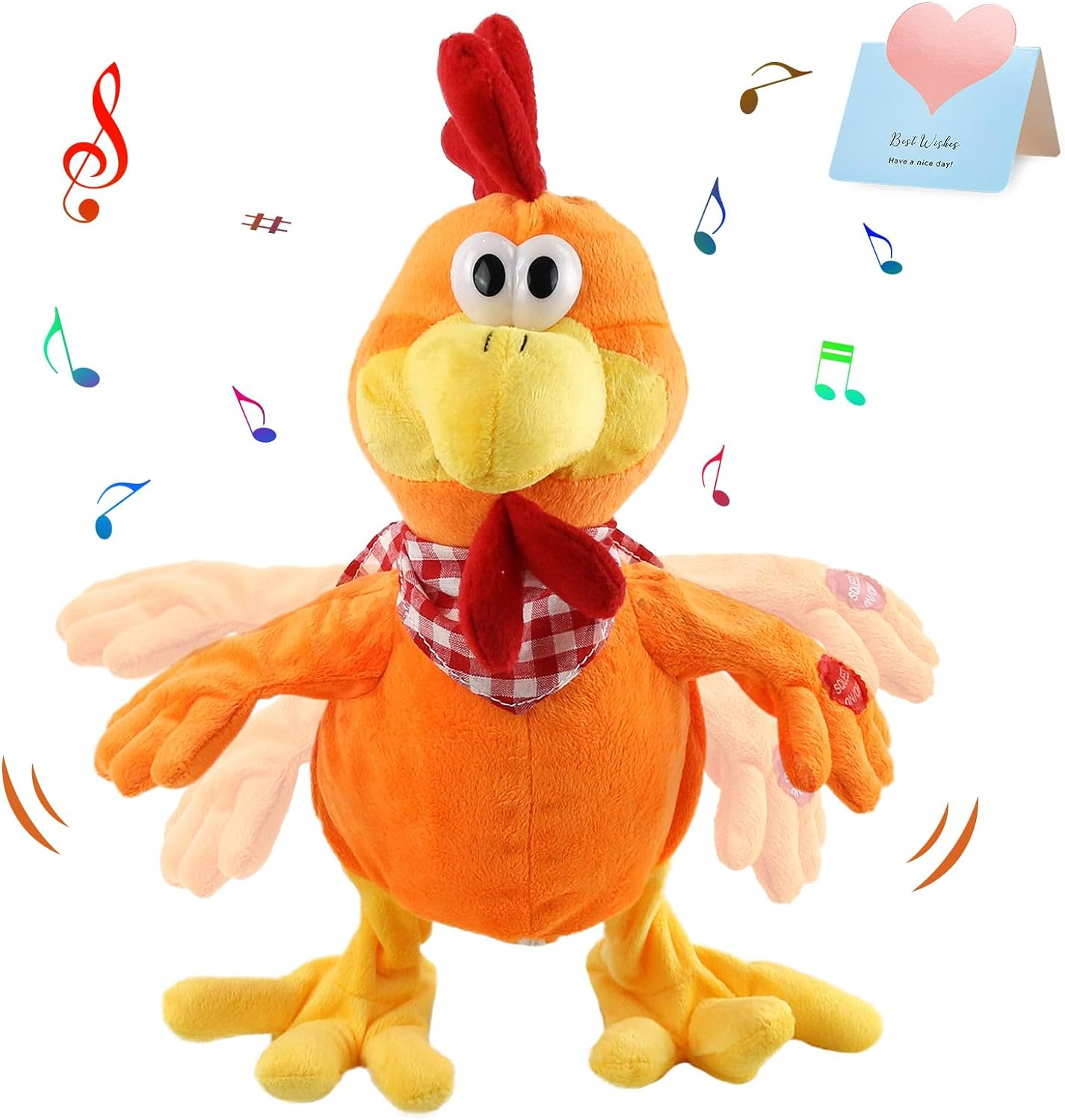 Houwsbaby 15" Electronic Squawking Chicken Toy, Easter Chicken Stuffed Animal Interactive Musical Walking Singing Waving Rooster Plush Toy with Bib Present for Kids Boys Girls Easter Thanksgiving Day