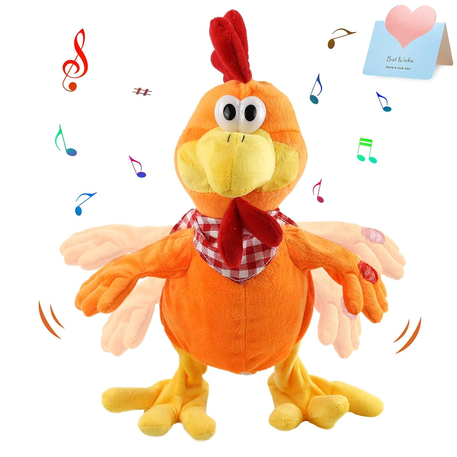 Houwsbaby 15" Electronic Squawking Chicken Toy, Easter Chicken Stuffed Animal Interactive Musical Walking Singing Waving Rooster Plush Toy with Bib Present for Kids Boys Girls Easter Thanksgiving Day