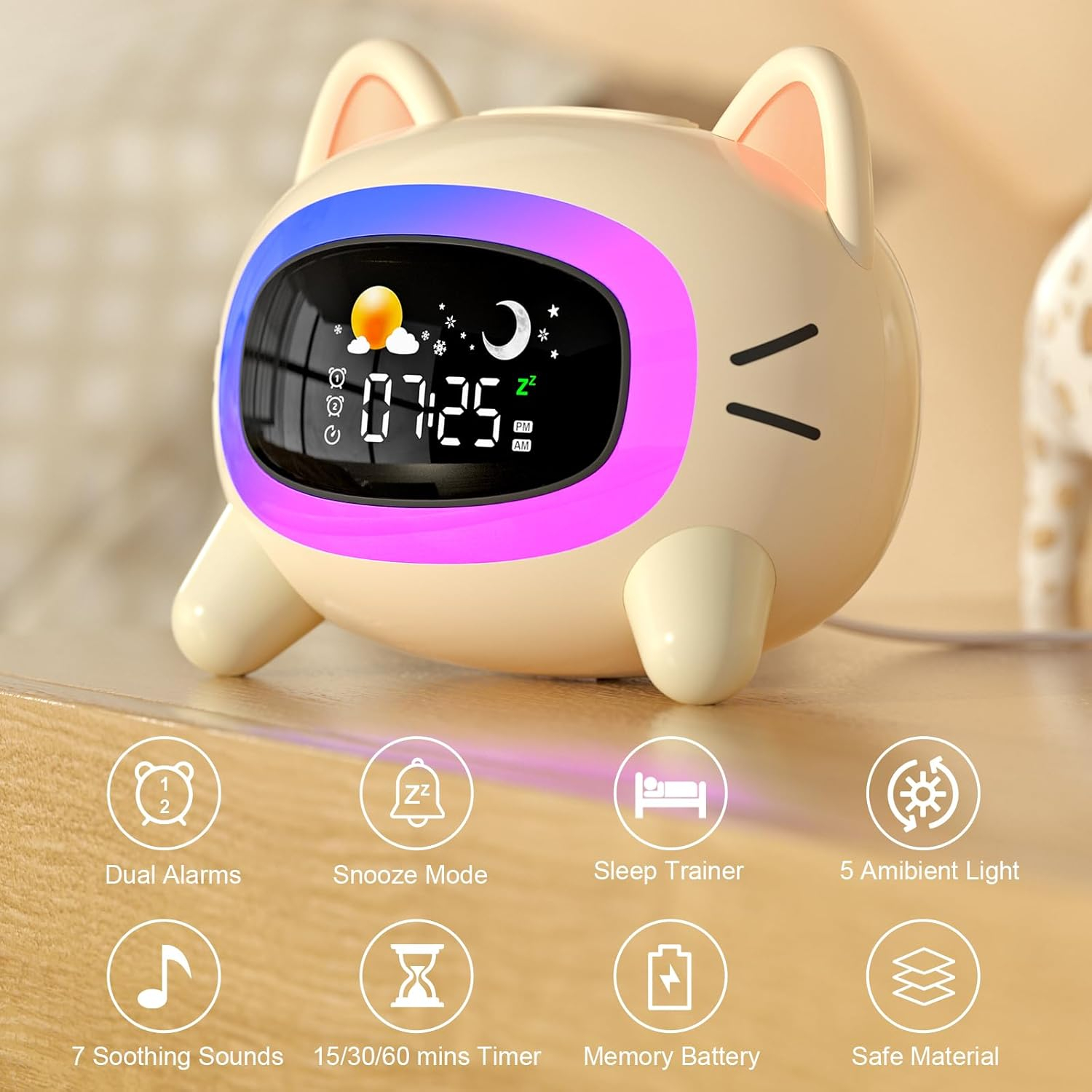 Kids Alarm Clock Ok to Wake Alarm Clock for Kids, Toddlers Night Light Clock for Bedroom, Cat Alarm Clock with Sleep Training and Sound Machine, Birthday Gift for Boy Girls Children