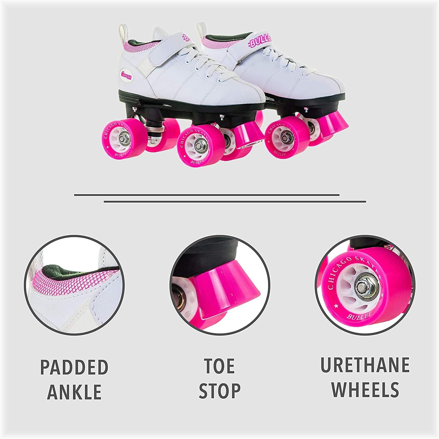 Chicago Ladies Bullet Speed Skates White Classic Quad Roller Skate, Size 9