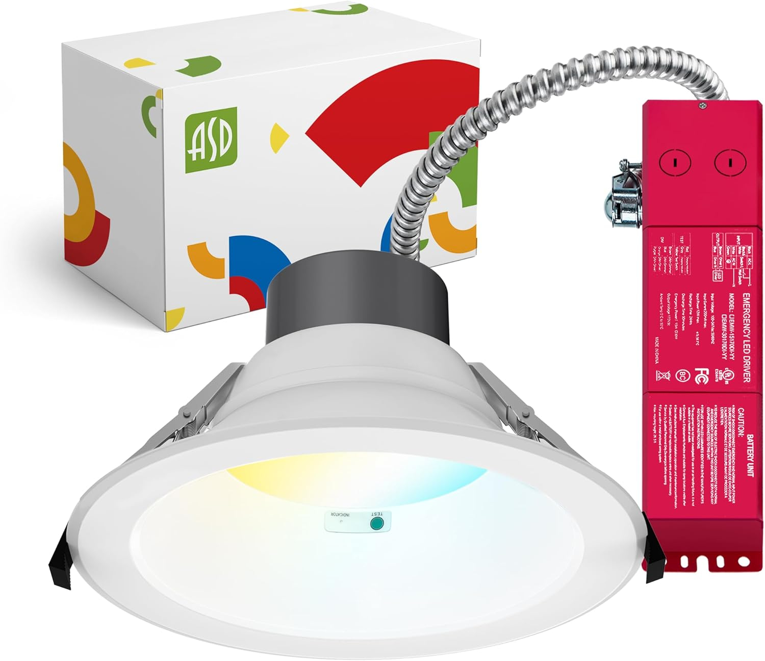 ASD Commercial LED Downlight 8 Inch with Emergency Battery Backup 15W, Power Adjustable Downlights 16/22/26/30/35W, Canless Recessed Lighting 120-277V, 5 CCT 2700K-5000K, Dimmable, IC Rated, White ETL