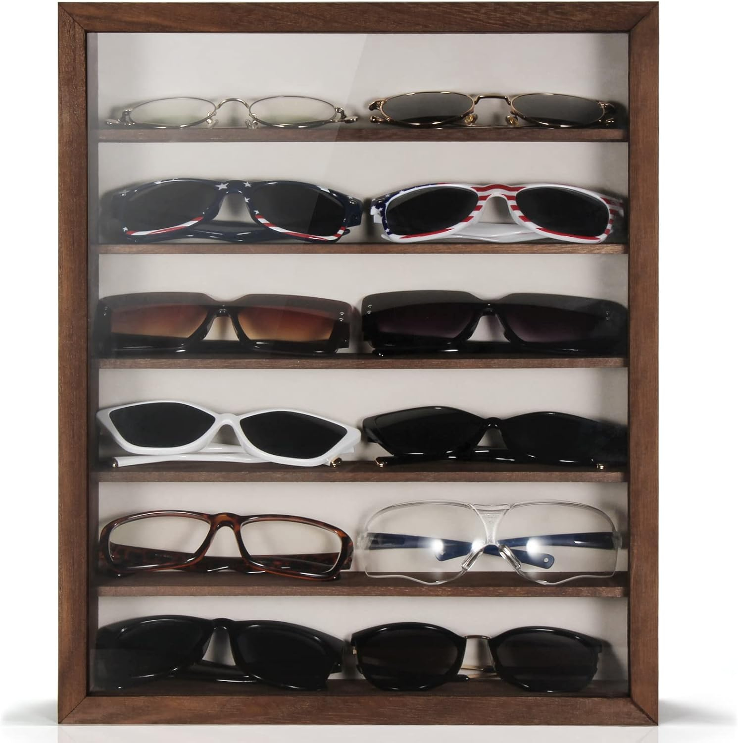 Latitude Run® Sunglasses Organizer Storage Wall Mounted, Eyewear Display Case Rustic Wood Eyeglasses Holder Large Glasses Storage Box