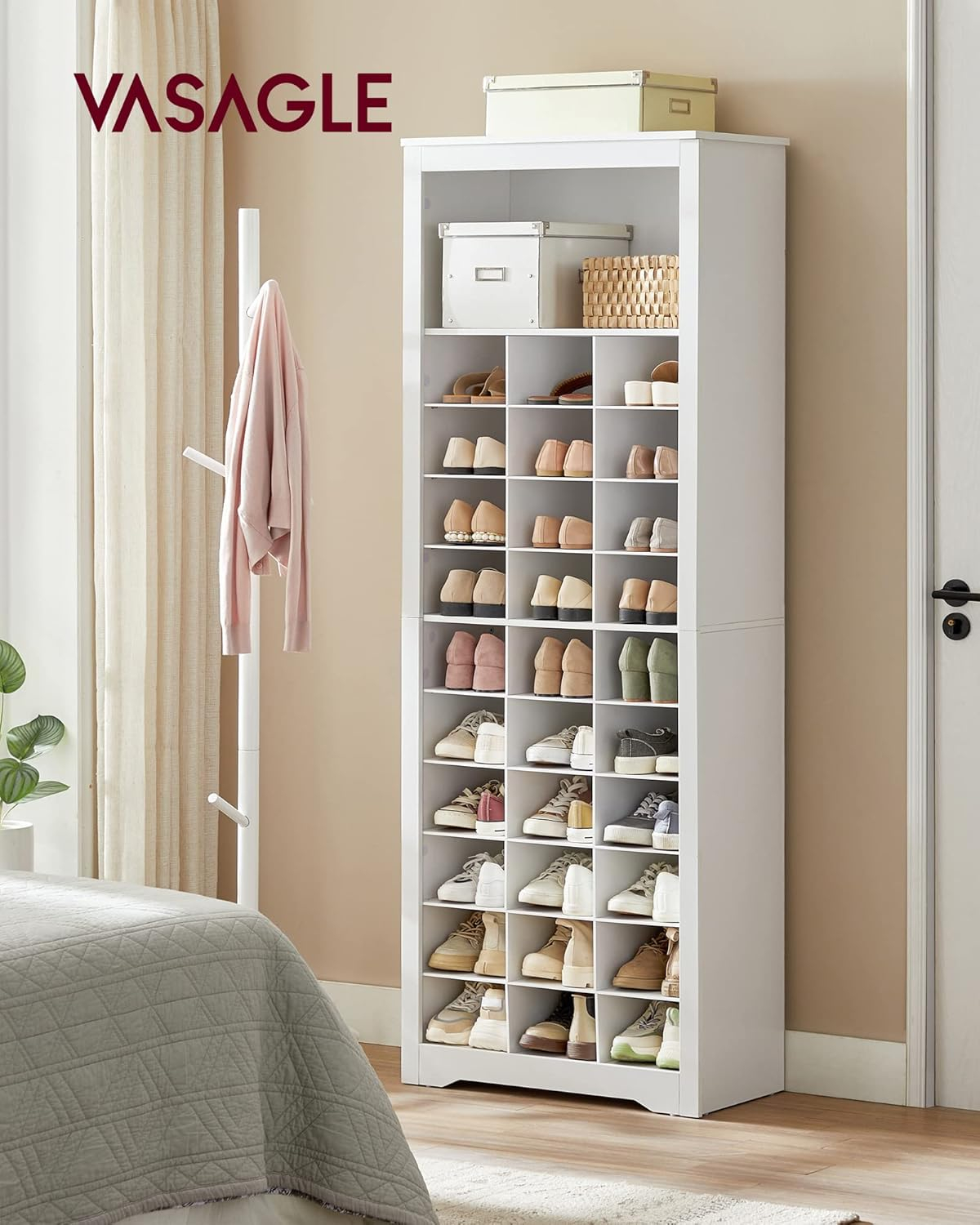 VASAGLE Shoe Storage Cabinet 10 Tier Elegant Shoe Rack Organizer Holds Up to 30 Pairs of Shoes for Entryway Bedroom 12.6 x 24.8 x 73.6 Inches White