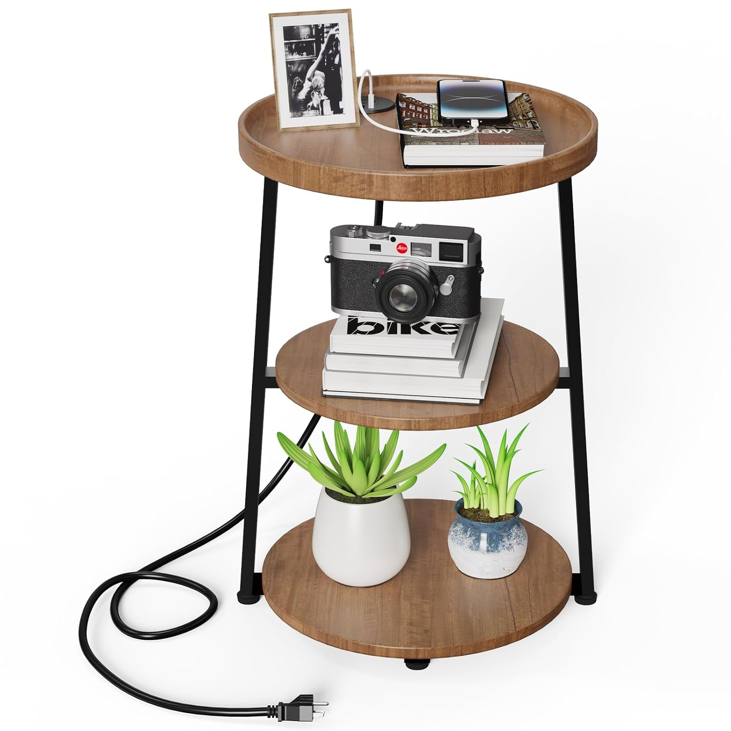 Round End Table with Charging Station, 3-Tier Accent Side Table for Living Room Bedroom Couch, Coffee Table for Small Spaces (Rustic Brown-Charging Station)