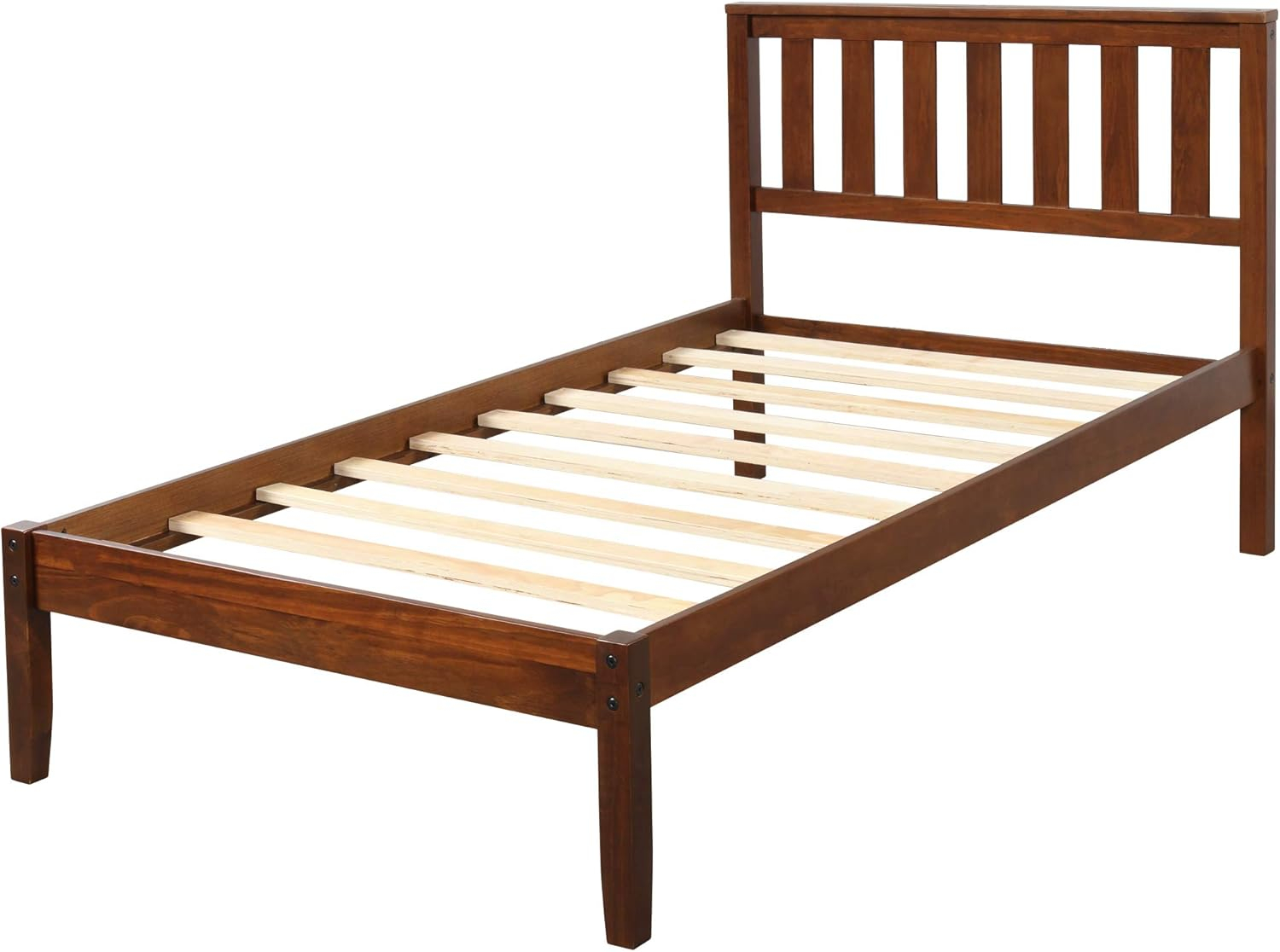 Knubmt Twin Size Bed Frame Wood Platform Bed with Headboard/Wood Slat Support, Perfect for Home, Bedroom, Brown