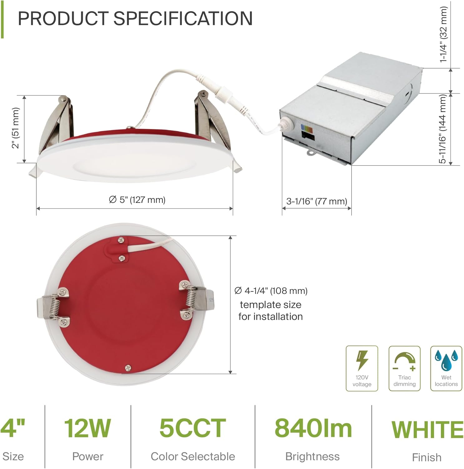 ASD 12 Pack Fire Rated Recessed Lights 4 Inch, 5 Colors 2700K/3000K/3500K/4000K/5000K, 840 Lumens, 2 Hour Fire Rating, Ultra Thin Dimmable Canless Downlight, No Tenmat Needed, Wet and IC Rated, ETL