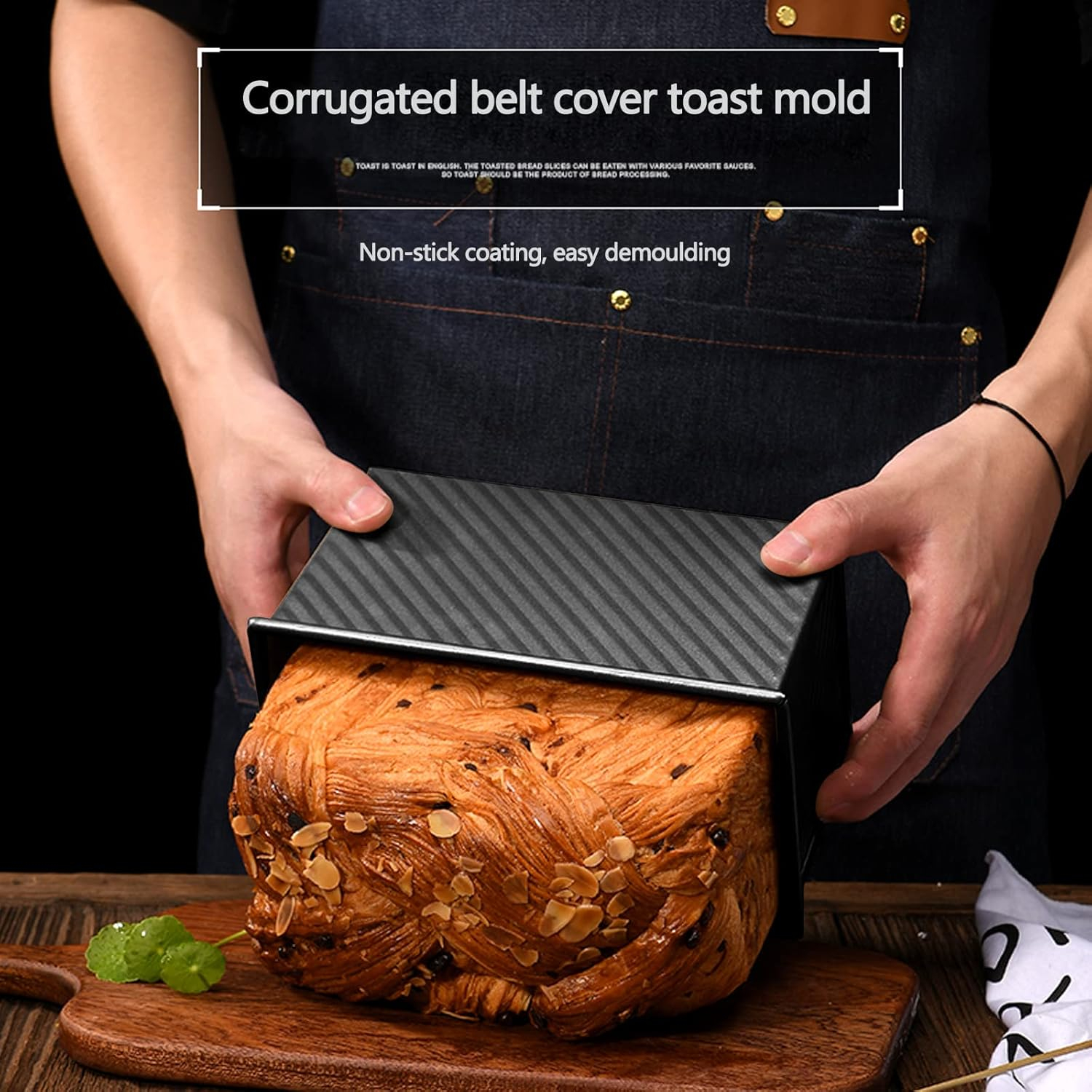Black Pullman Loaf Pan with Lid, 1 lb Dough Capacity, Nonstick Bread Toast Mold with Cover, Carbon Steel Corrugated Bread Mould Bakeware