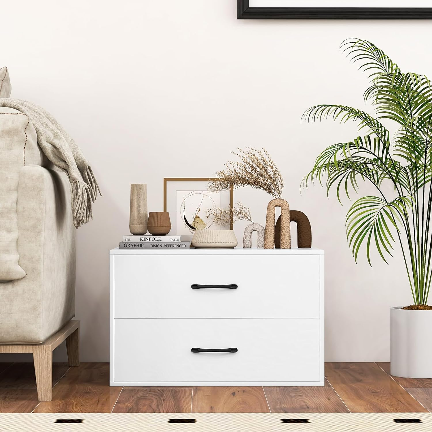 LOKO 2-Drawer Stackable Dresser, Lateral File Cabinet with Metal Handle, Horizontal Storage Cabinet with Anti-Topping Kits, Stacking Drawer Chest for Living Room, Study, Office (1, White)