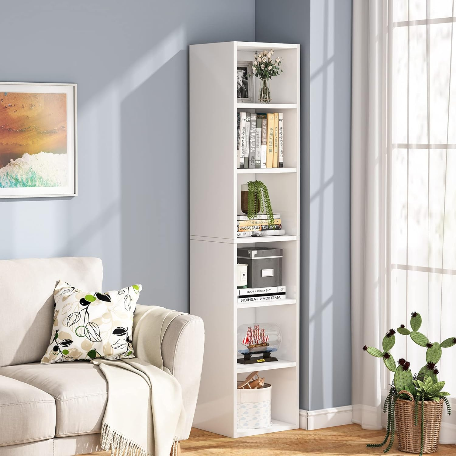 Modern White Tall Corner Bookcase with 6 Cube Shelves