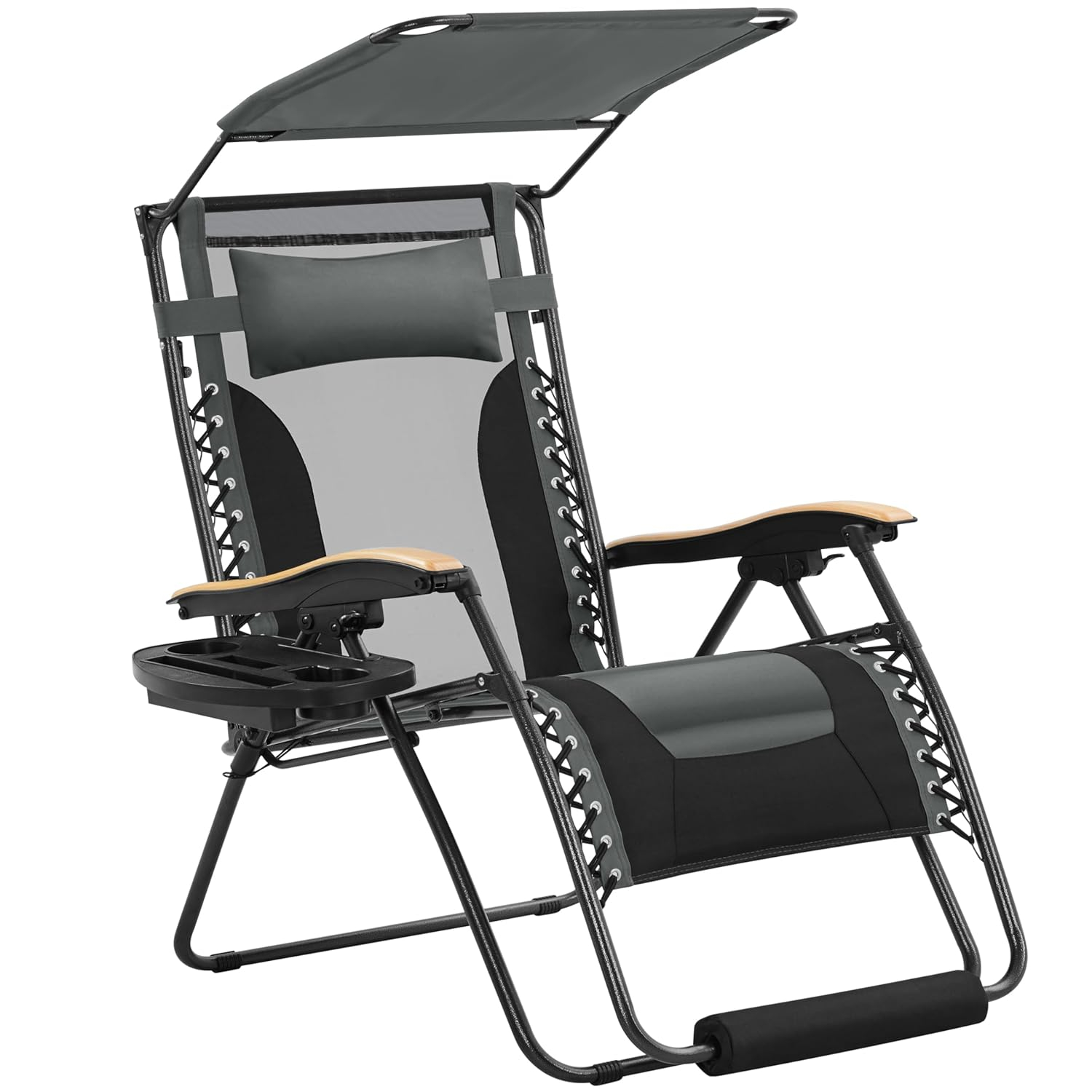 Yaheetech 29in Zero Gravity Chair, Adjustable Patio Padded Anti Gravity Recliner Foldable Outdoor Lounger with Cup Holder Tray, Canopy Shade and Headrest for Beach Camping Gray/Black/1
