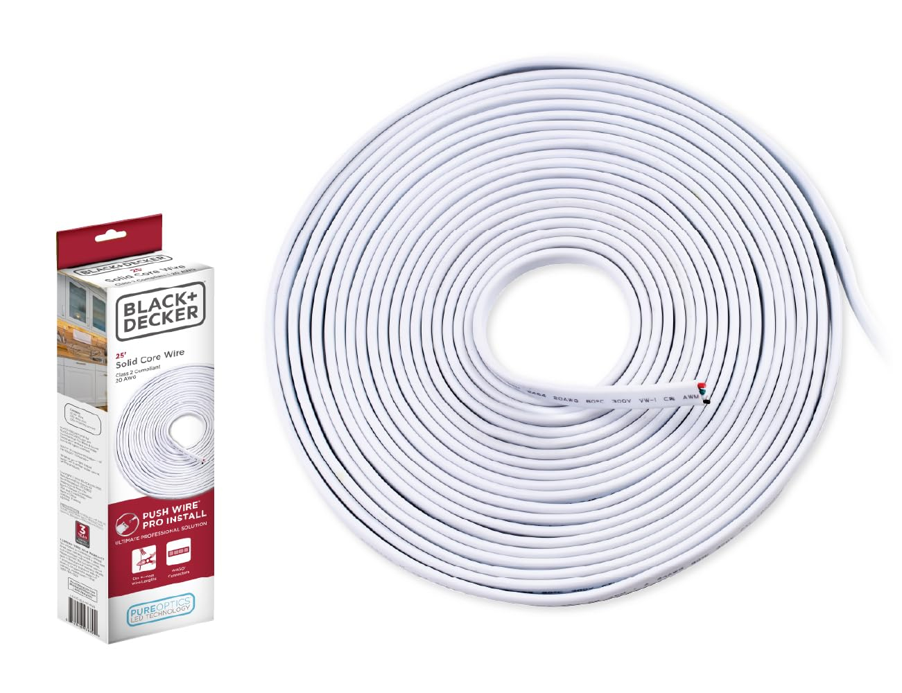 BLACK+DECKER PureOptics Professional Push Wire 25' Jumper Wire Spool for Under Cabinet Lighting, Flat 5/16" or 8mm Cable, 4-Core CL2 Compliant, Non-Metallic, White