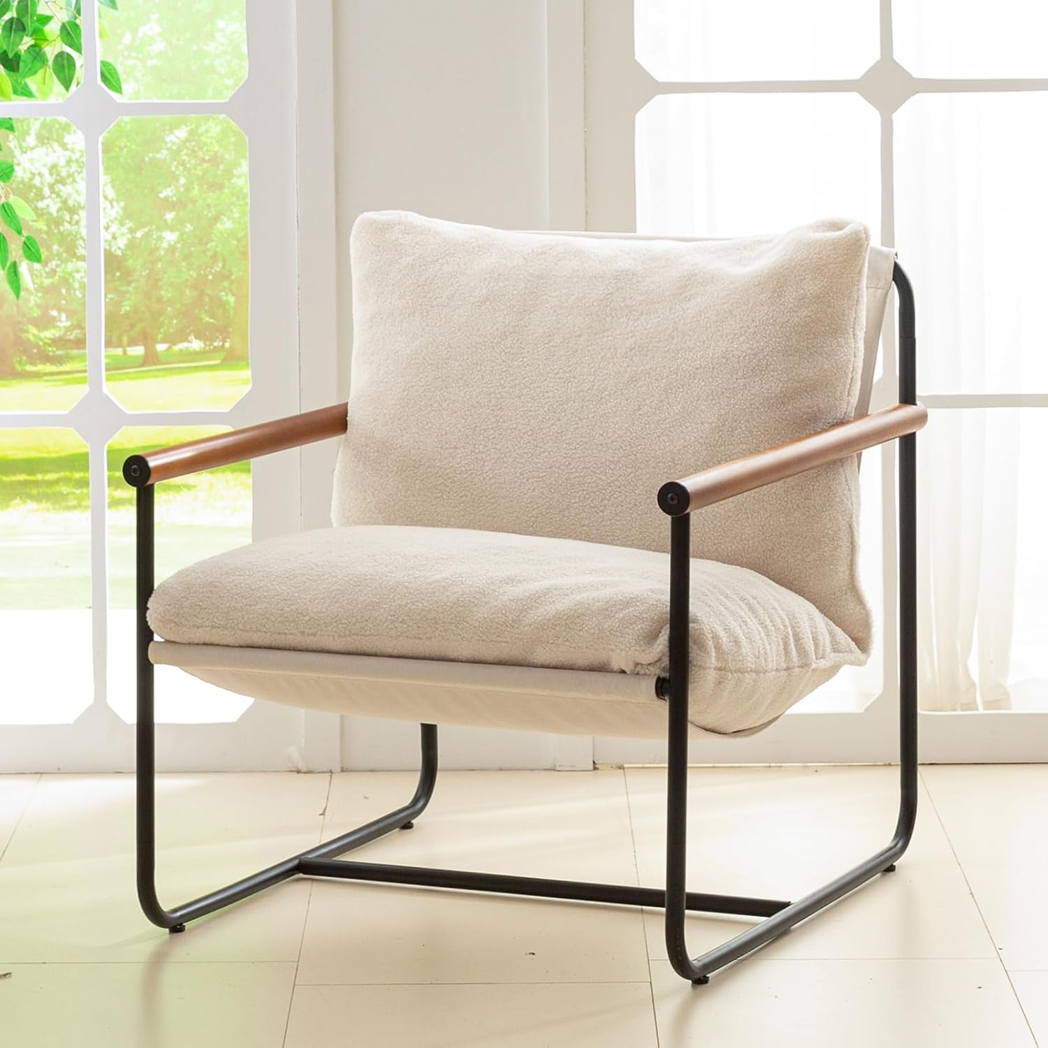 Beige Barrel Accent Chair with Metal Frame and Wood Armrests