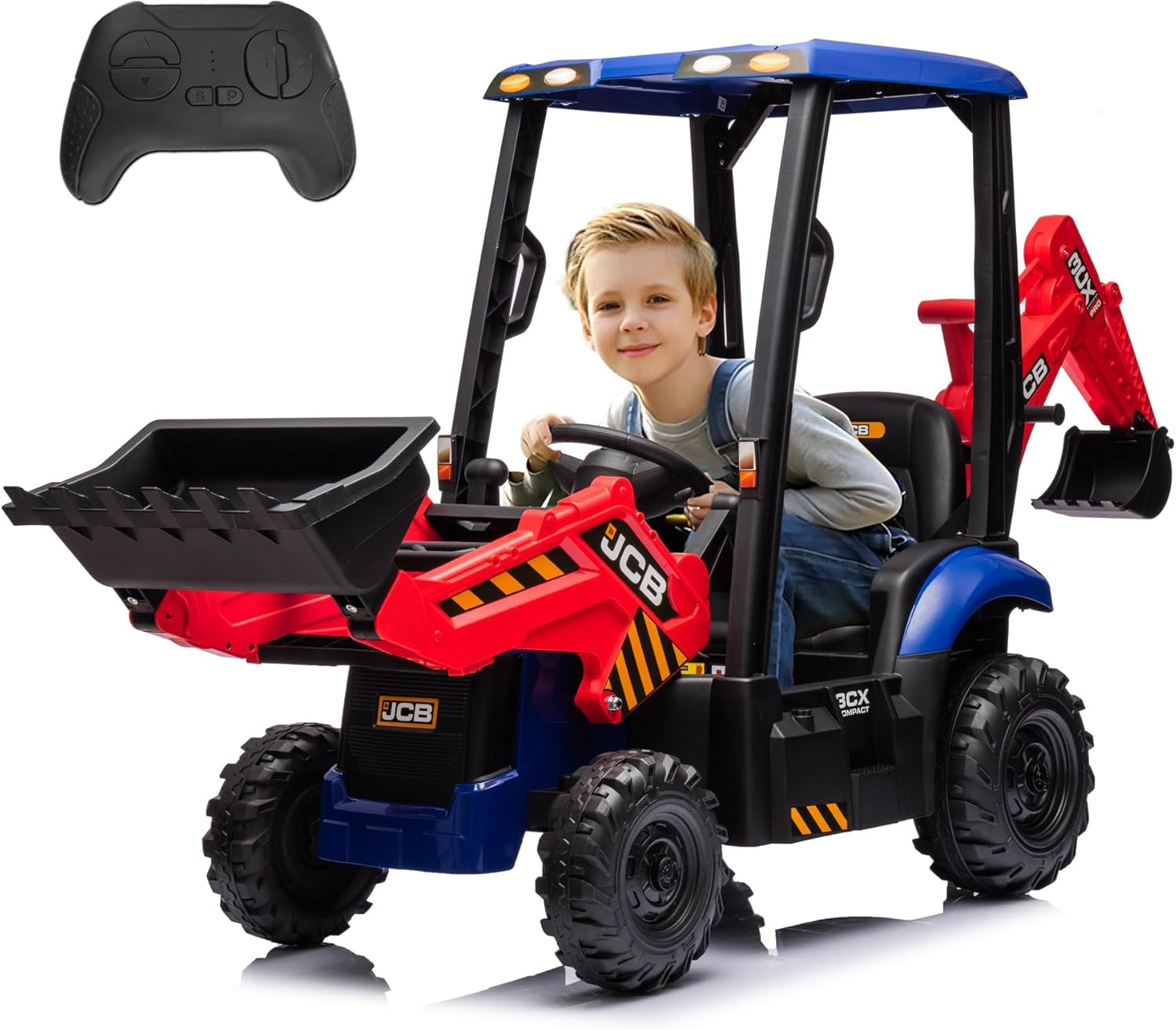 EastVita 4 in 1 Ride on Tractor, Excavator & Bulldozer with Tent,12V Ride on Car Digger Electric Vehicle with Remote Control, Front Loader, Horn, EVA Tires, Kids Ride on Car Toy