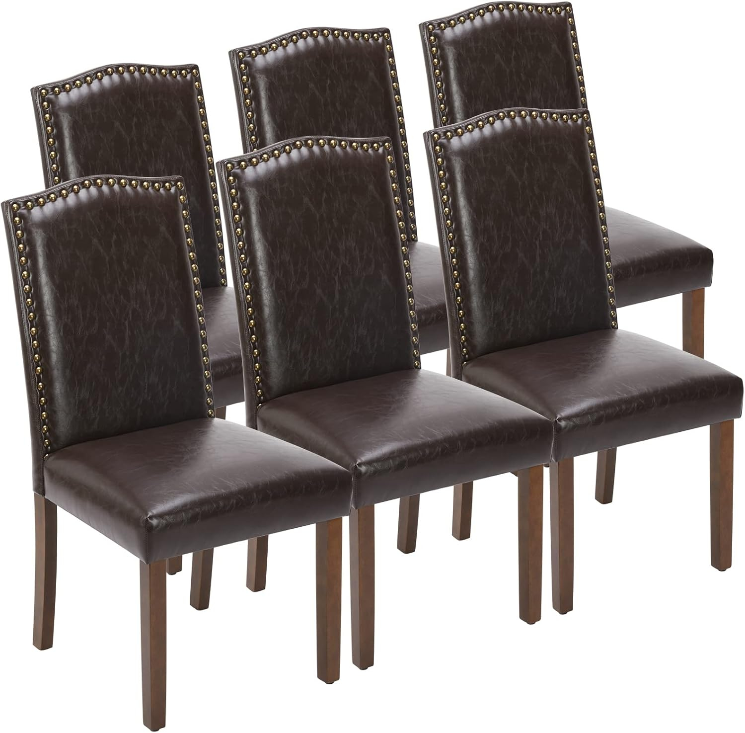 DUMOS Upholstered Dining Chairs Set of 6, Modern Leather Dining Room Chair with Nailhead Trim and Wood Legs, Mid-Century Accent for Living Room, Kitchen, Dark Brown