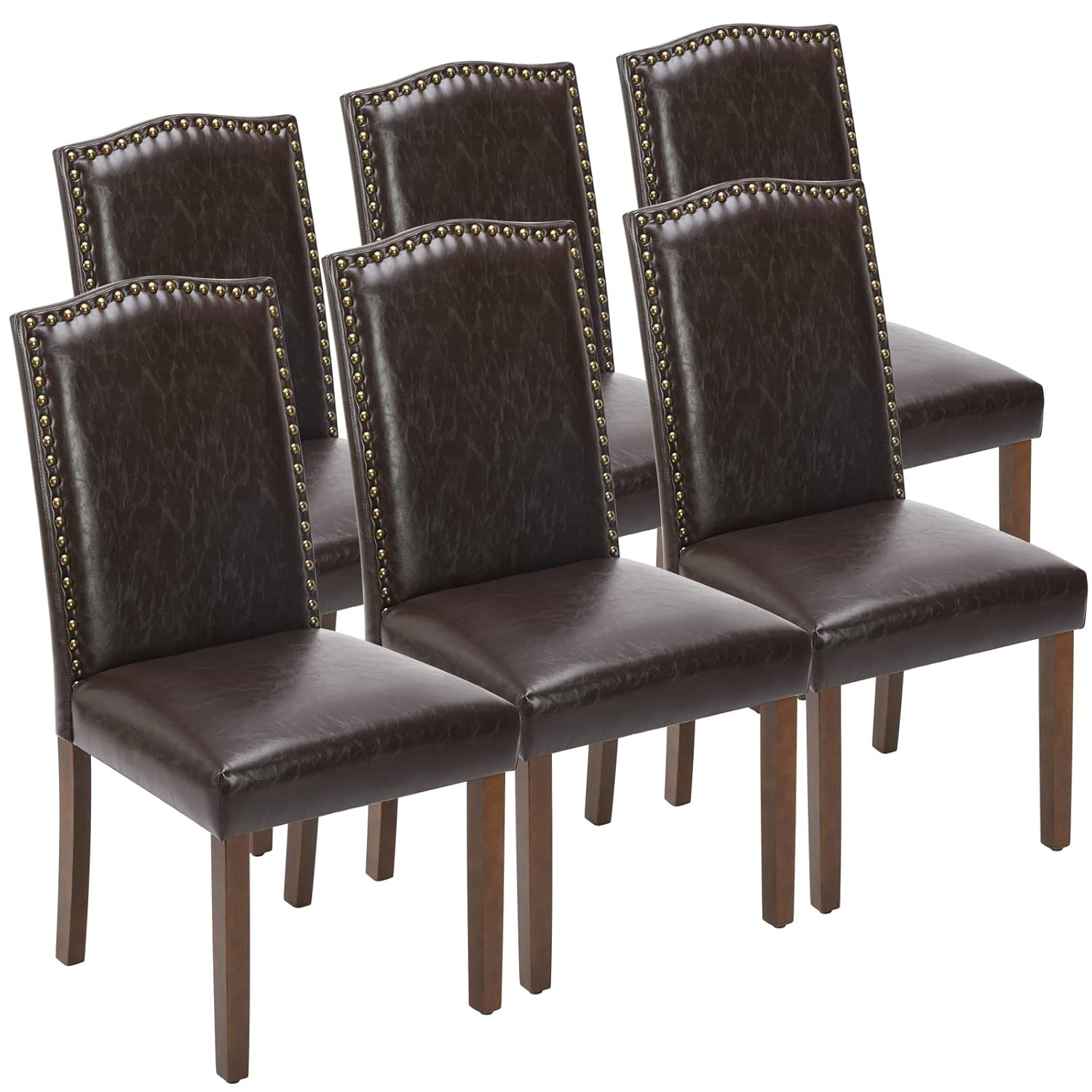 DUMOS Upholstered Dining Chairs Set of 6, Modern Leather Dining Room Chair with Nailhead Trim and Wood Legs, Mid-Century Accent for Living Room, Kitchen, Dark Brown