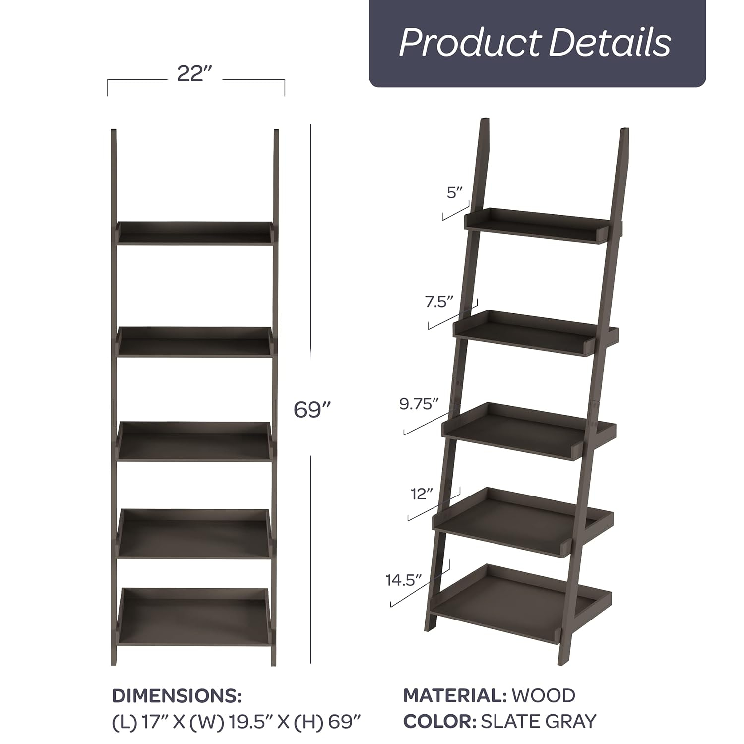 Bookshelf - 5-Tier Ladder Shelf with Leaning Look - Bookcase for Home Decor and Office Storage - Freestanding Book Shelves by Lavish Home (Gray)