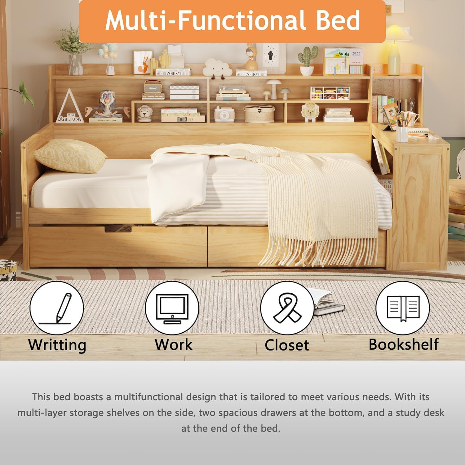 Wooden Daybed with Storage Shelves, Multi-functional Bed with Two Storage Drawers and Study Desk Natural - Full