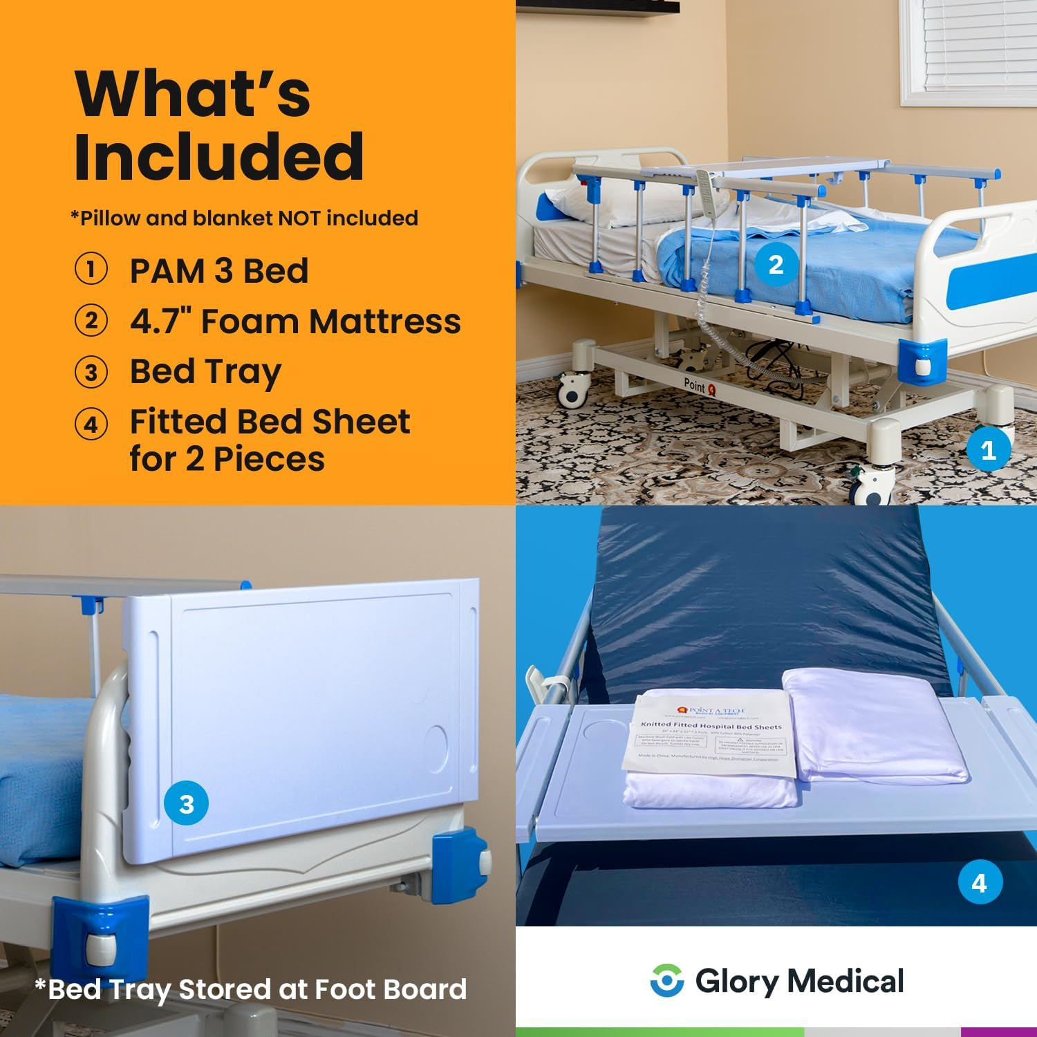 POINT A (PAM-3) Premium 3 Function Full Electric Hospital Bed, Includes 4.7" Memory Mattress (LINAK Motor & Control System and Individual Locking System with 5" casters) Hospital Bed for Home Use