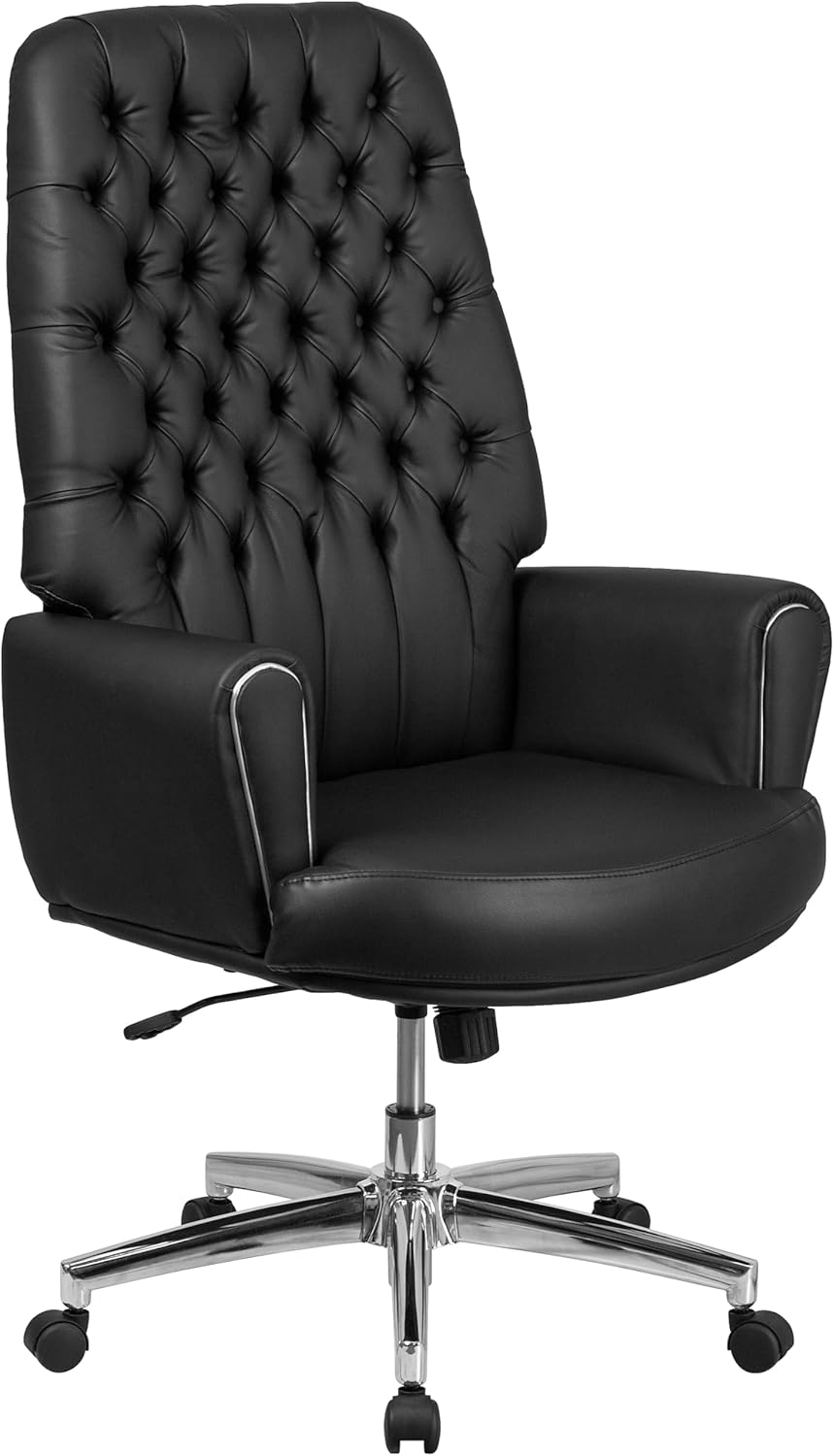 Flash Furniture Hansel High Back Traditional Tufted Black LeatherSoft Executive Swivel Office Chair with Silver Welt Arms