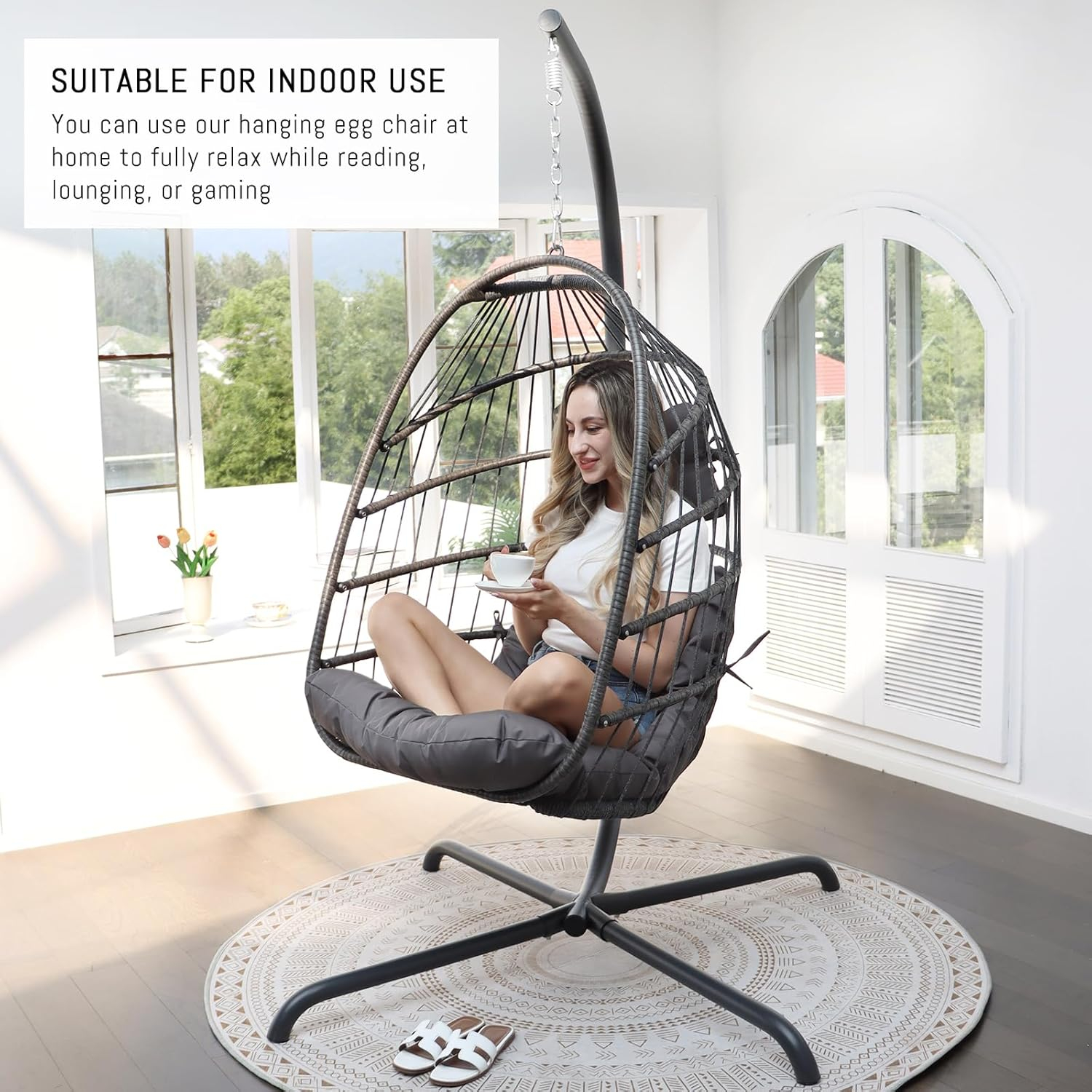 RADIATA Outdoor Hanging Egg Chair with Stand, 350Lbs Sturdy Wicker Egg Swing Chair for Outside, Comfortable Rattan Patio Haning Chair with Thick Cushion for Indoor Belcony Porch Bedroom, Dark Gay