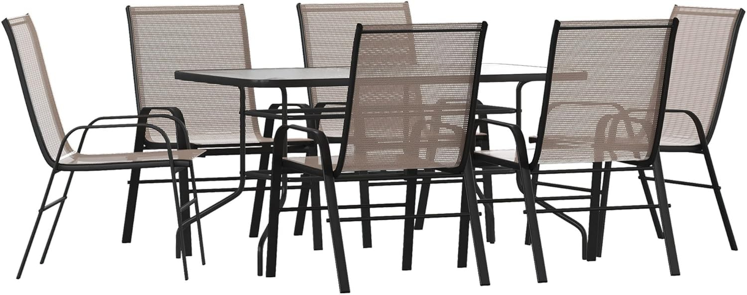 Flash Furniture Brazos Series 7-Piece Outdoor Rippled Glass Patio Table Set with 6 Chairs, Brown