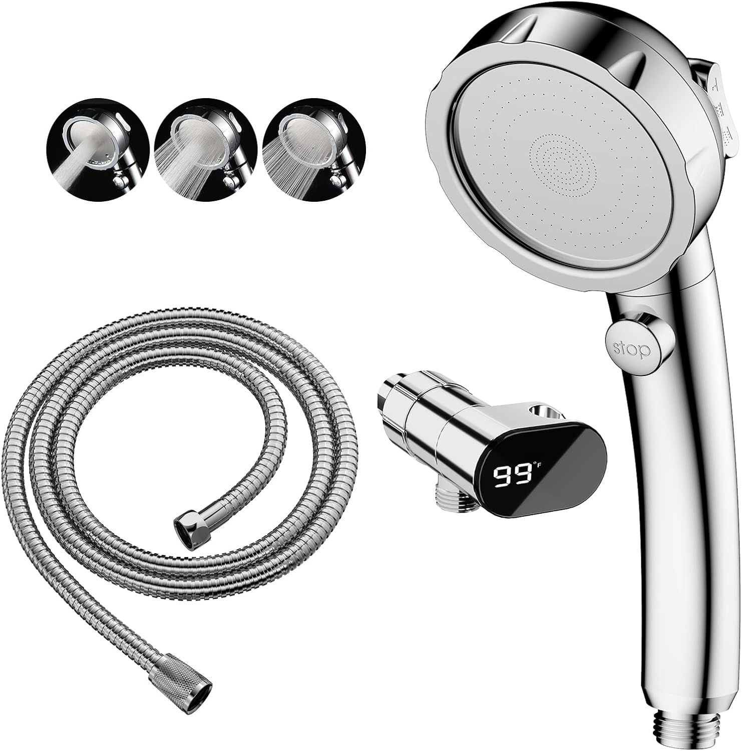 KAIYING Drill-Free High Pressure Handheld Shower Head with ONOFF Pause Switch 3 Spray Modes Water Saving Showerhead Detachable Puppy Shower Accessories (MShower Head (Chrome)+Bracket + Hose)