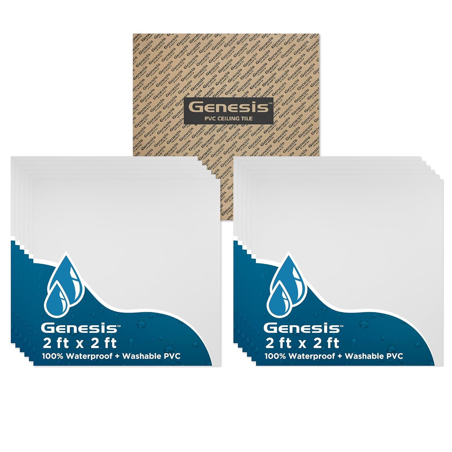 Genesis 2’ x 2’ Smooth Pro (12 Pack) Waterproof, Fire-Rated PVC, Washable, Easy Drop-In Installation, White Solid Through Color