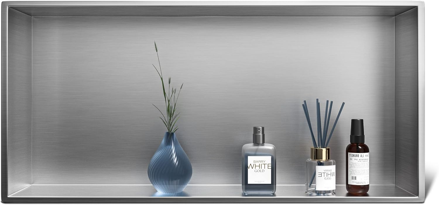 Stainless Steel Shower Niche 24" X 12" Brushed No Tile Needed Niche Shower Recessed Wall Horizontal Niches for Bathroom Storage Over Mount Installation