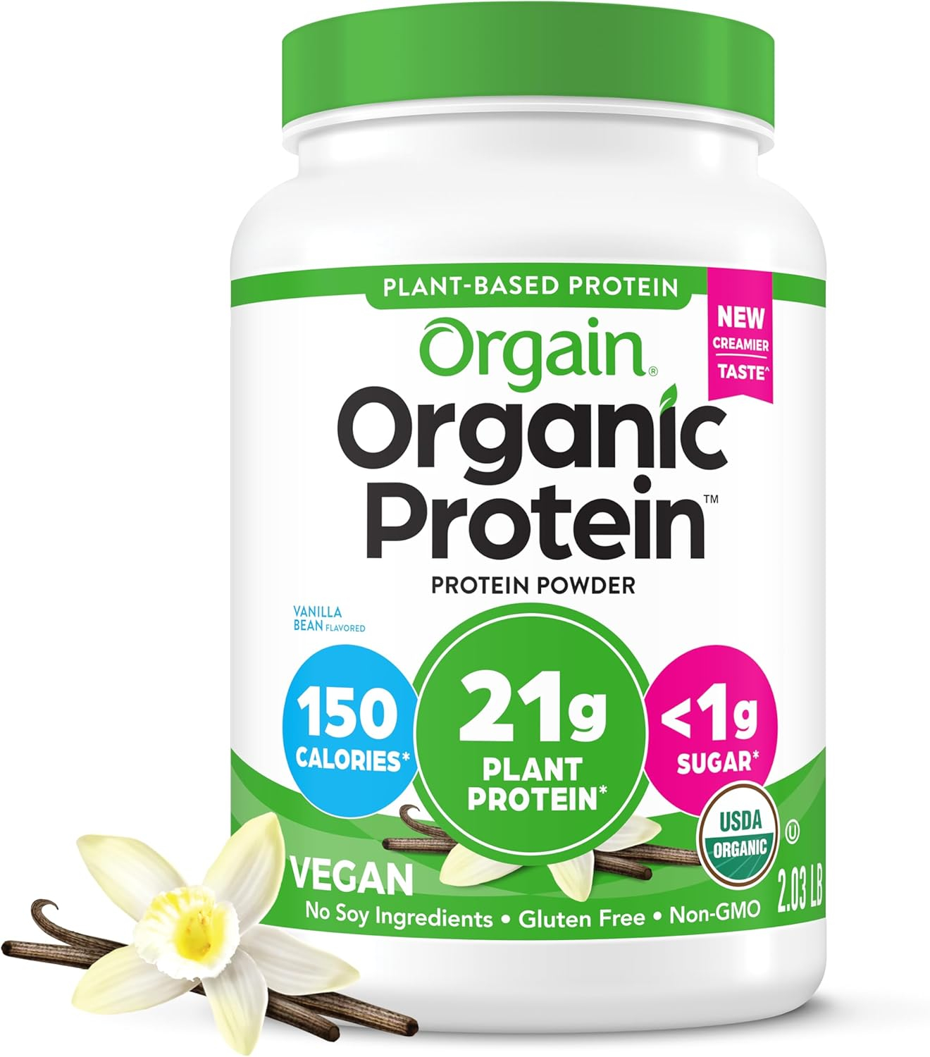 Orgain Organic Vegan 21g Protein Powder, Plant Based Shake Drink, Vanilla Bean 2.03lb