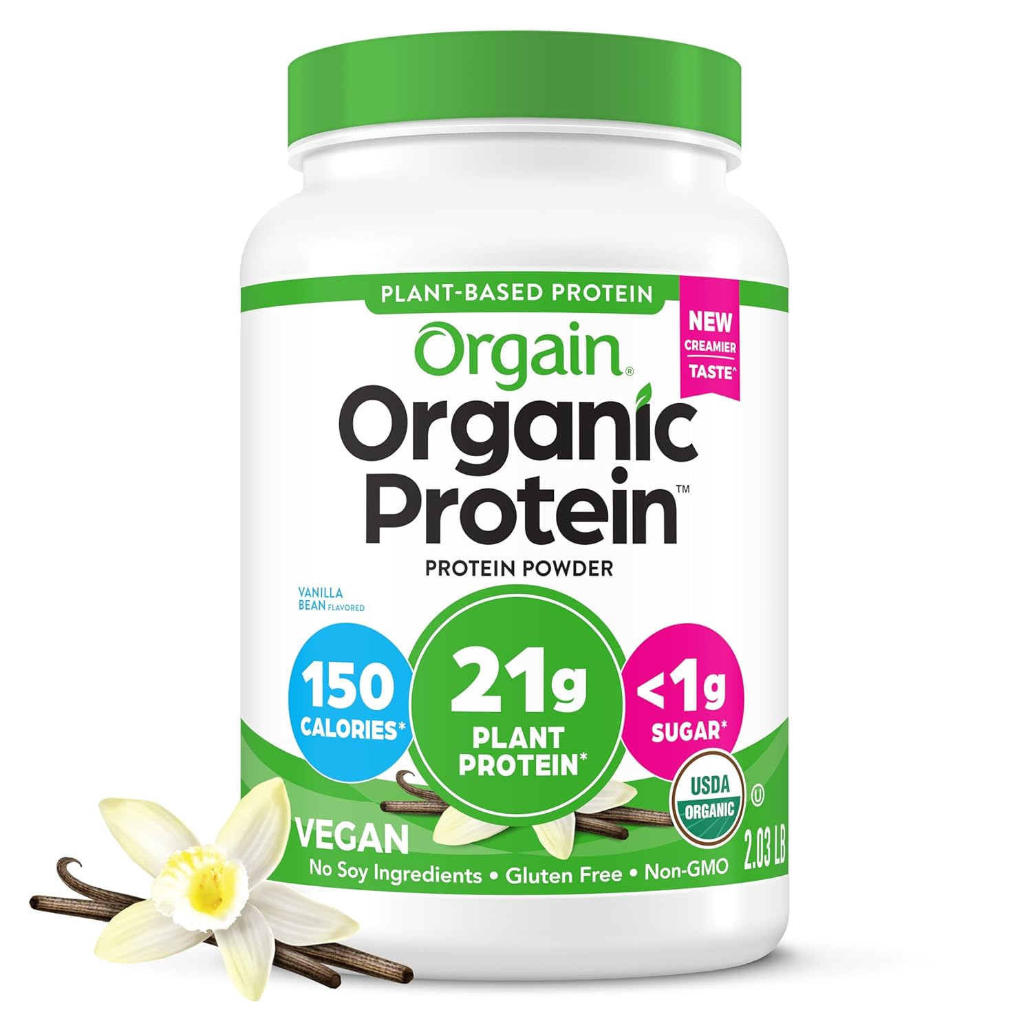 Orgain Organic Vegan 21g Protein Powder, Plant Based Shake Drink, Vanilla Bean 2.03lb