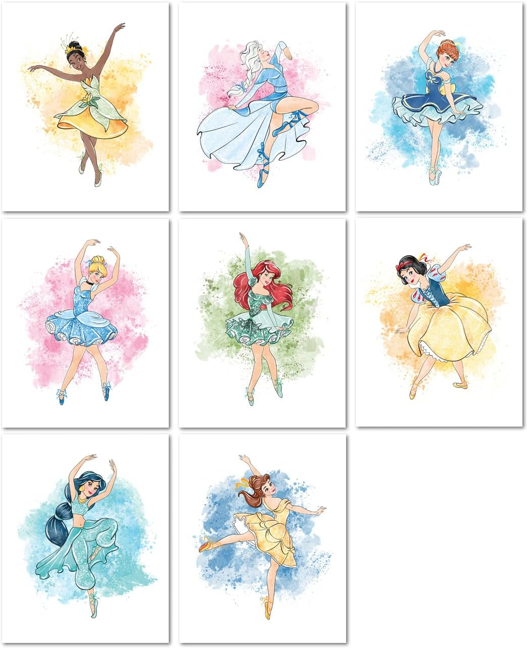 Nistio® Disney Princess Wall Art Prints, Ballerina Princess Girls Room Decor, Elsa, Cinderella, Princess Anna, Tiana, Set of 8, 8x10 inches (Unframed)