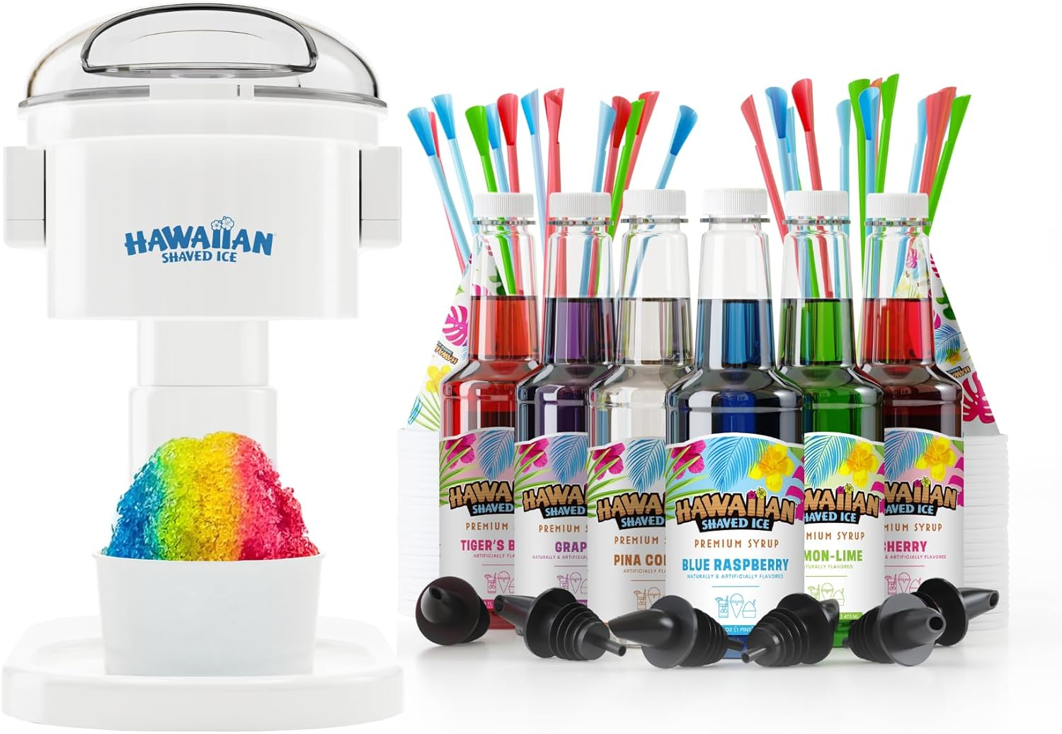 Hawaiian Shaved Ice Electric Home Snow Cone Maker Kit with 6 Flavors and Supplies