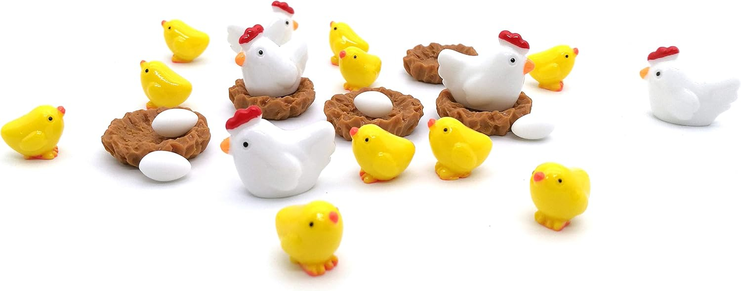 Exasinine Mini Animals Miniature Figurines Fairy Garden Miniature Moss Landscape DIY Terrarium Crafts Ornament Accessories for Home Décor (Chicken Family, Set of 24)
