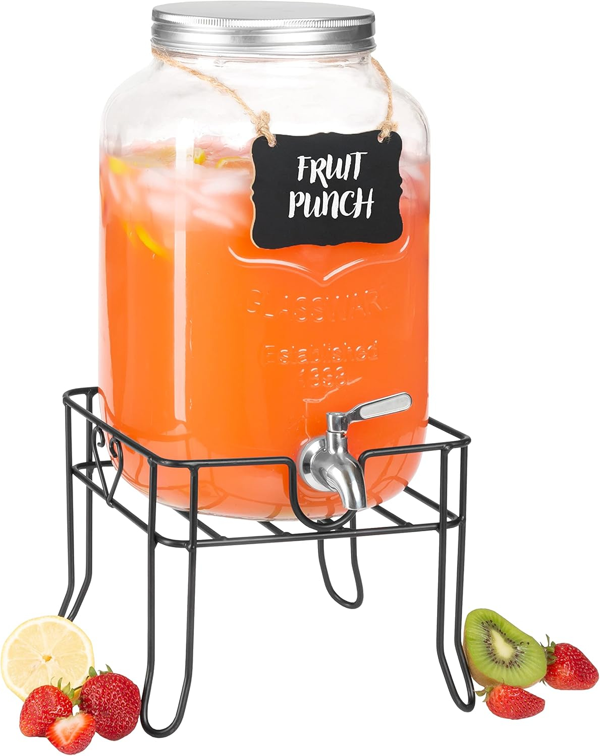 Crutello Outdoor Glass Beverage Dispenser with Stainless Steel Spigot & Ice Cylinder - 2 Gallon Drink Dispenser for Tea, Lemonade, Cold Water & More - A Family-Owned American Brand