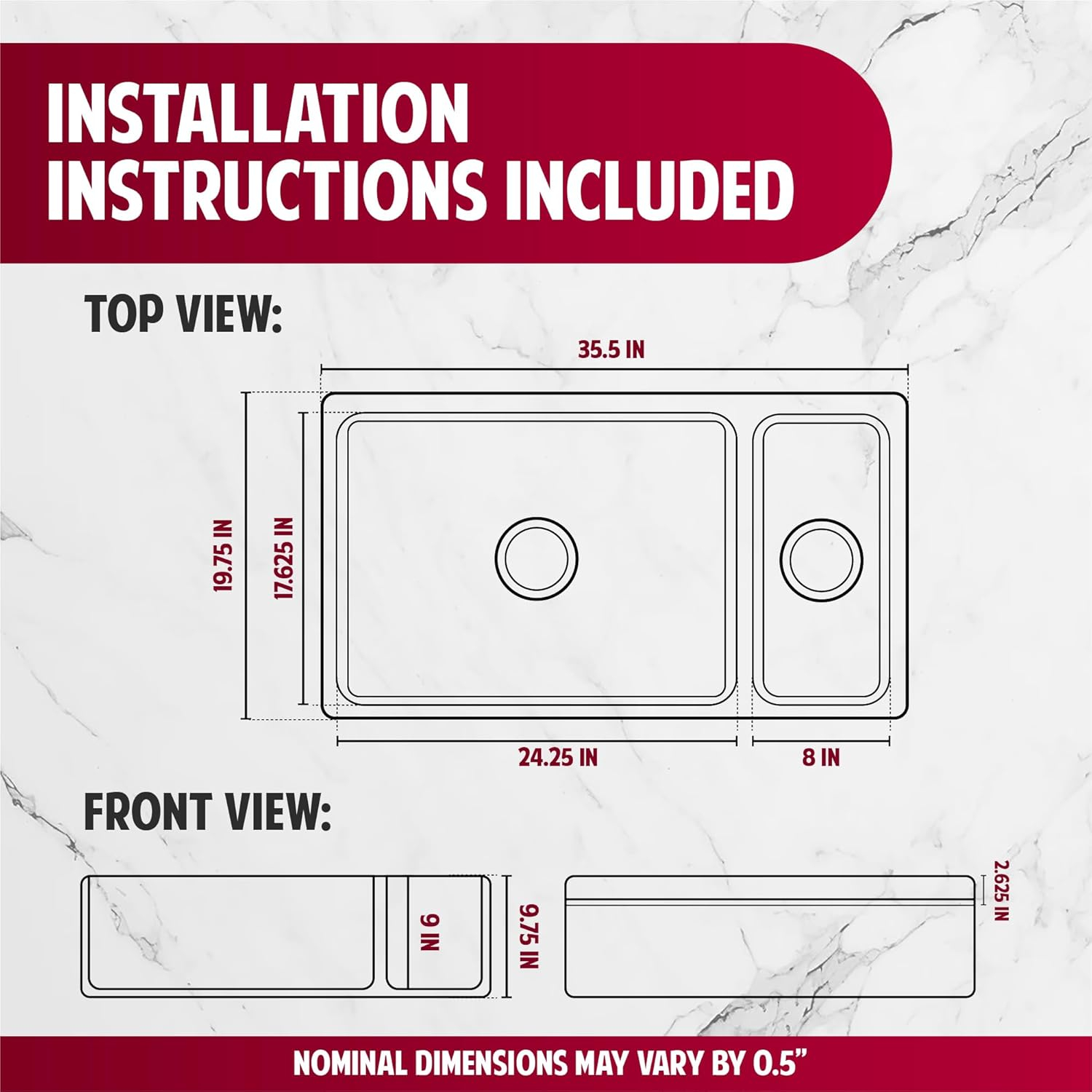 White Farmhouse Sink – 36" Farm Kitchen Sink with Apron, Fireclay, Made in Italy – Double Bowl, Sturdy, Reversible, Undermount, Scratch Resistant, Easy to Clean HP-FC9010-W